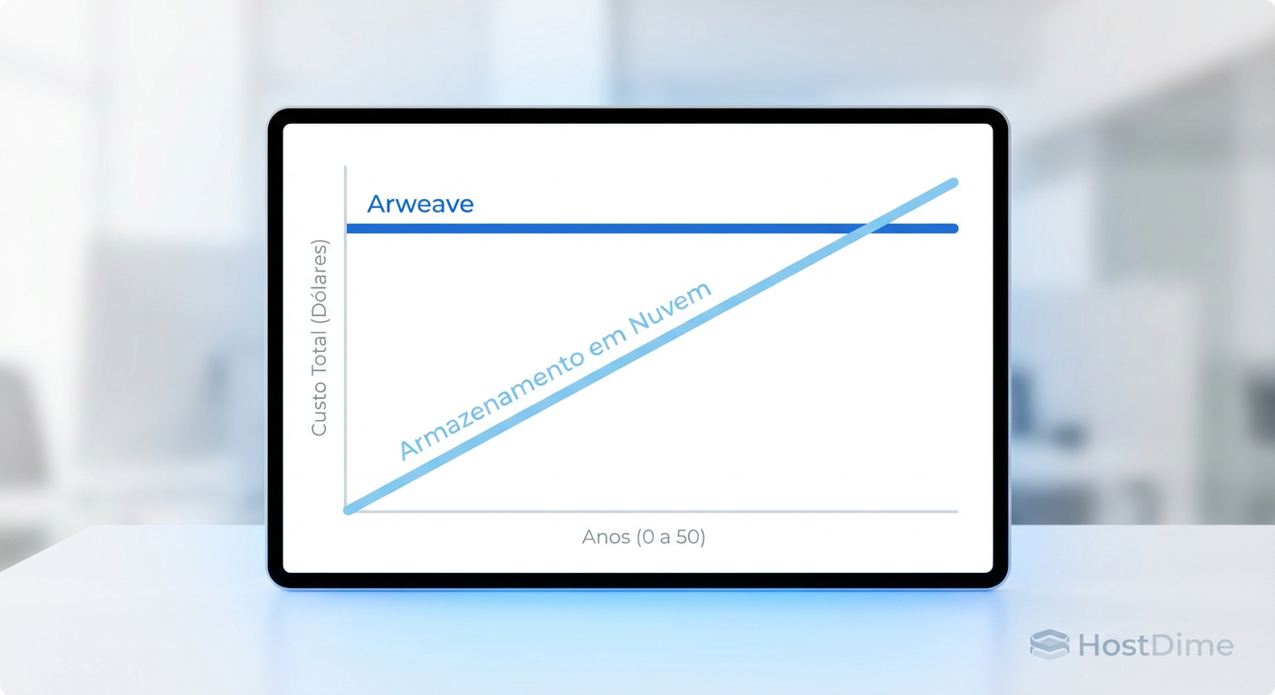 Gráfico de linhas comparando o custo acumulado ao longo do tempo: Arweave começa alto e permanece plano; Nuvem começa baixo e sobe constantemente.