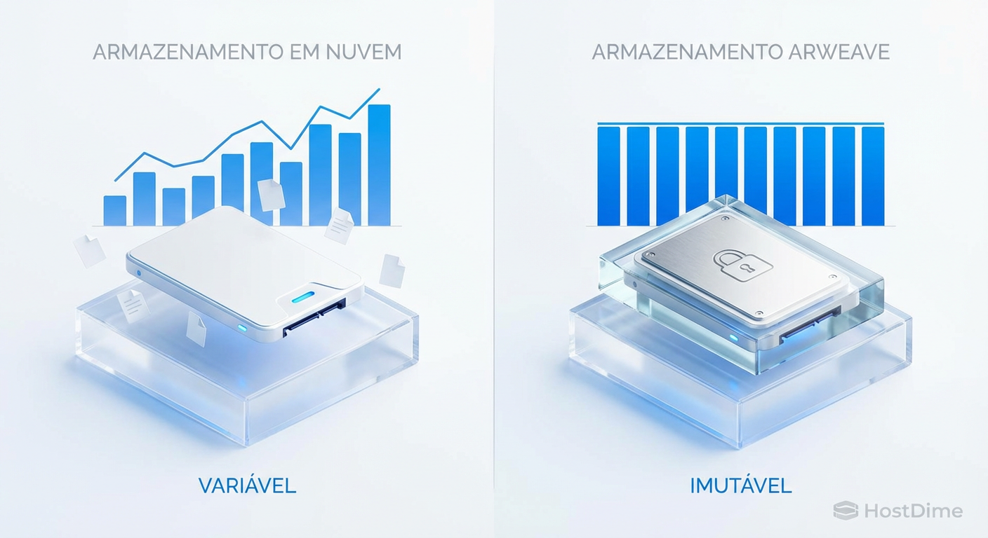 Ilustração conceitual comparando o armazenamento em nuvem (escritório caótico e mutável) com o Arweave (museu sereno com dados gravados em tábuas de pedra imutáveis).