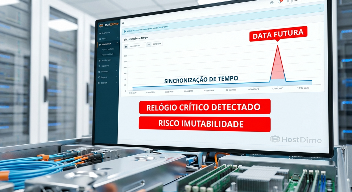 Interface de monitoramento exibindo um gráfico de alerta crítico onde a linha do tempo sofre um pico vertical repentino, indicando manipulação do relógio.