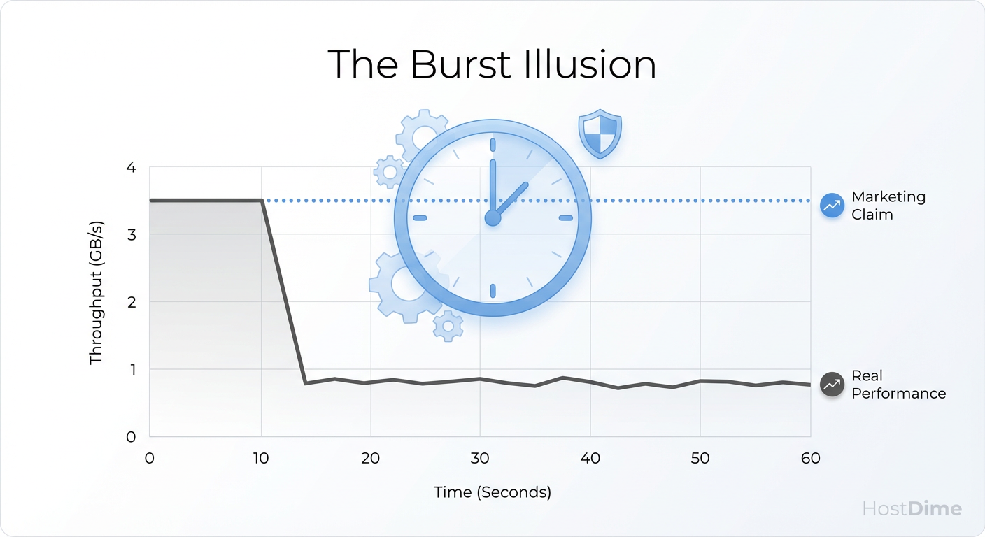 Fig. 1: A anatomia de um benchmark enganoso. A diferença entre a velocidade de 'Burst' (comumente anunciada) e a realidade do desempenho sustentado.
