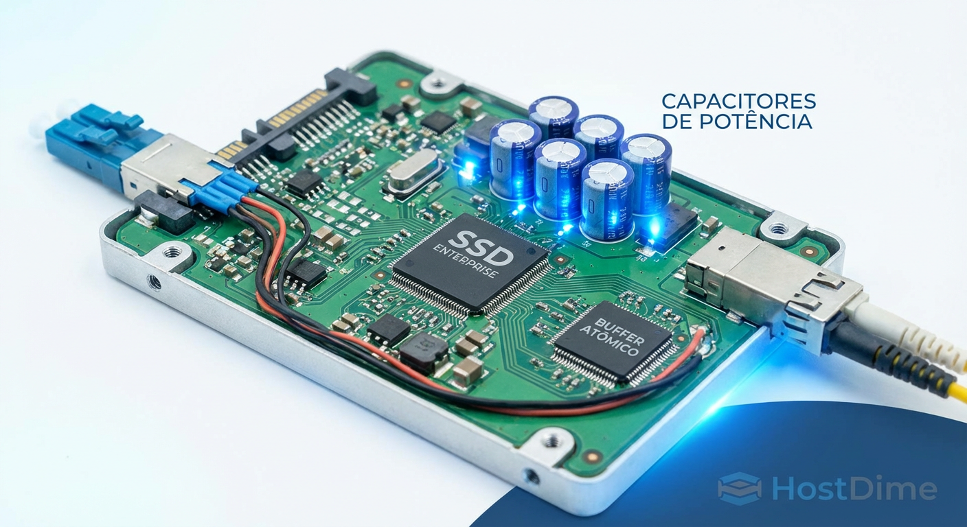 Arquitetura interna de um SSD Enterprise: capacitores garantem que o buffer atômico seja persistido mesmo sem energia externa.