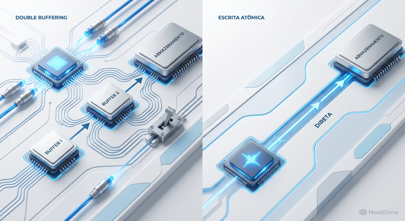 Comparativo de fluxo: a complexidade do Double Buffering versus a simplicidade da Escrita Atômica Direta.