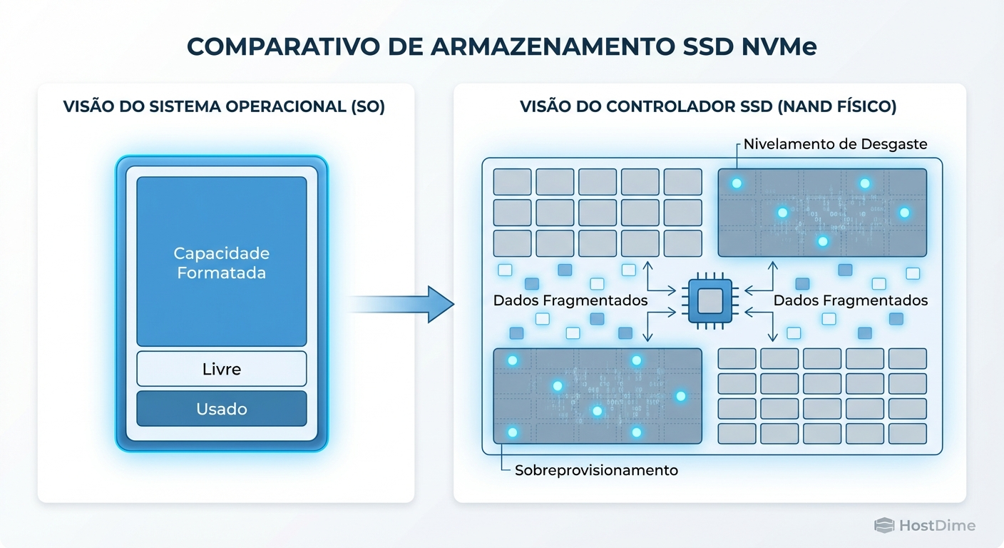 Diagrama ilustrando a diferença entre a visão do sistema operacional e a alocação física real na memória NAND de um SSD NVMe