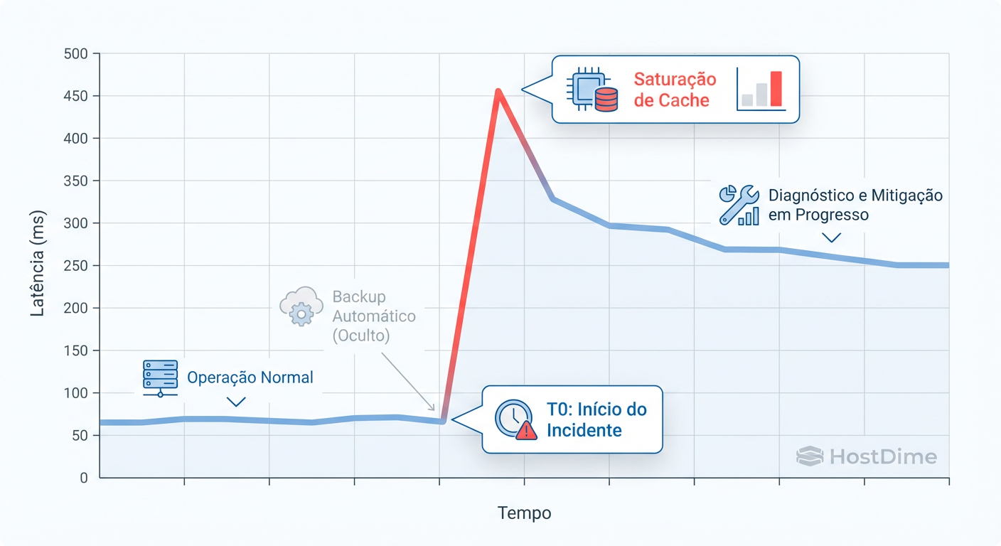 Fig. 1: A correlação temporal é a chave. O gráfico demonstra como um processo agendado invisível coincidiu com o pico de latência.