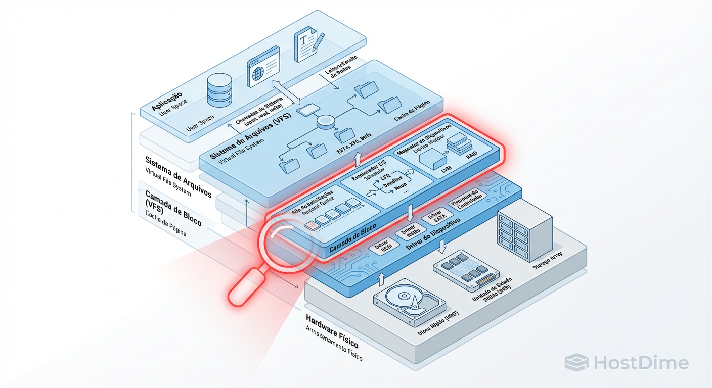Fig. 2: O caminho do I/O. A maioria dos problemas 'misteriosos' reside entre o Sistema de Arquivos e a Camada de Bloco.