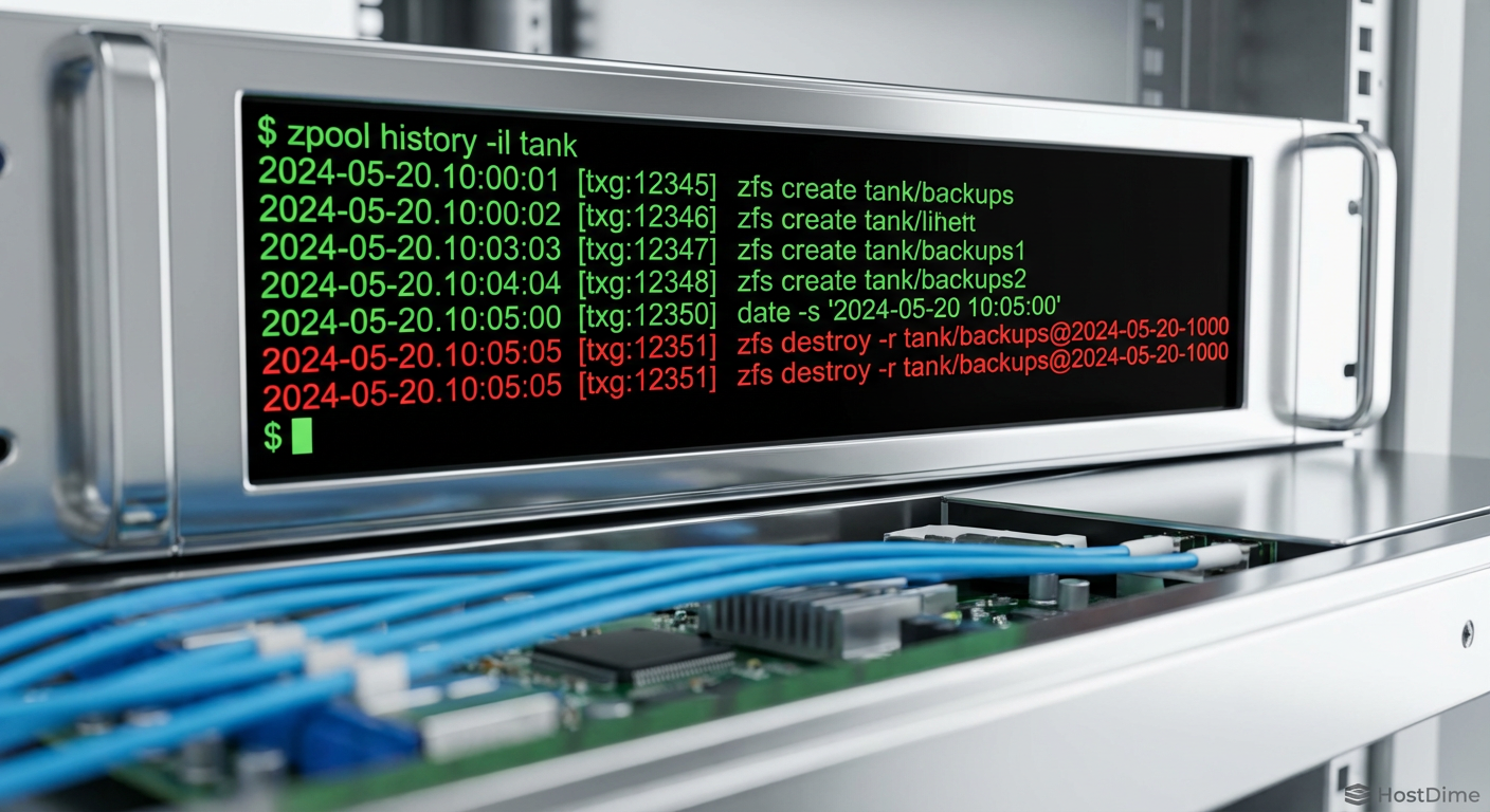 Log forense do ZFS revelando a sequência de comandos destrutivos.