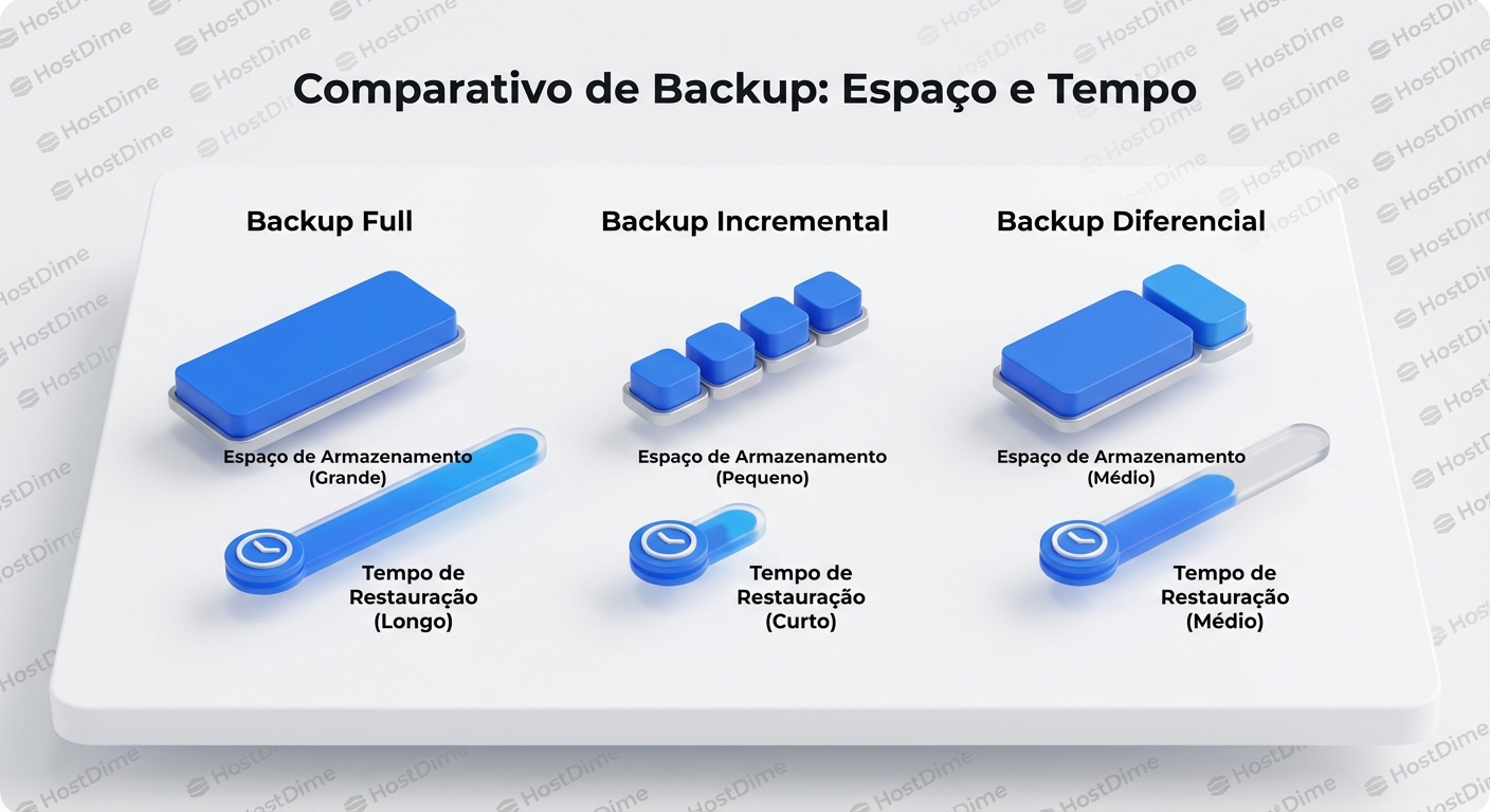 Comparativo de armazenamento e tempo de restauração entre os tipos de backup.