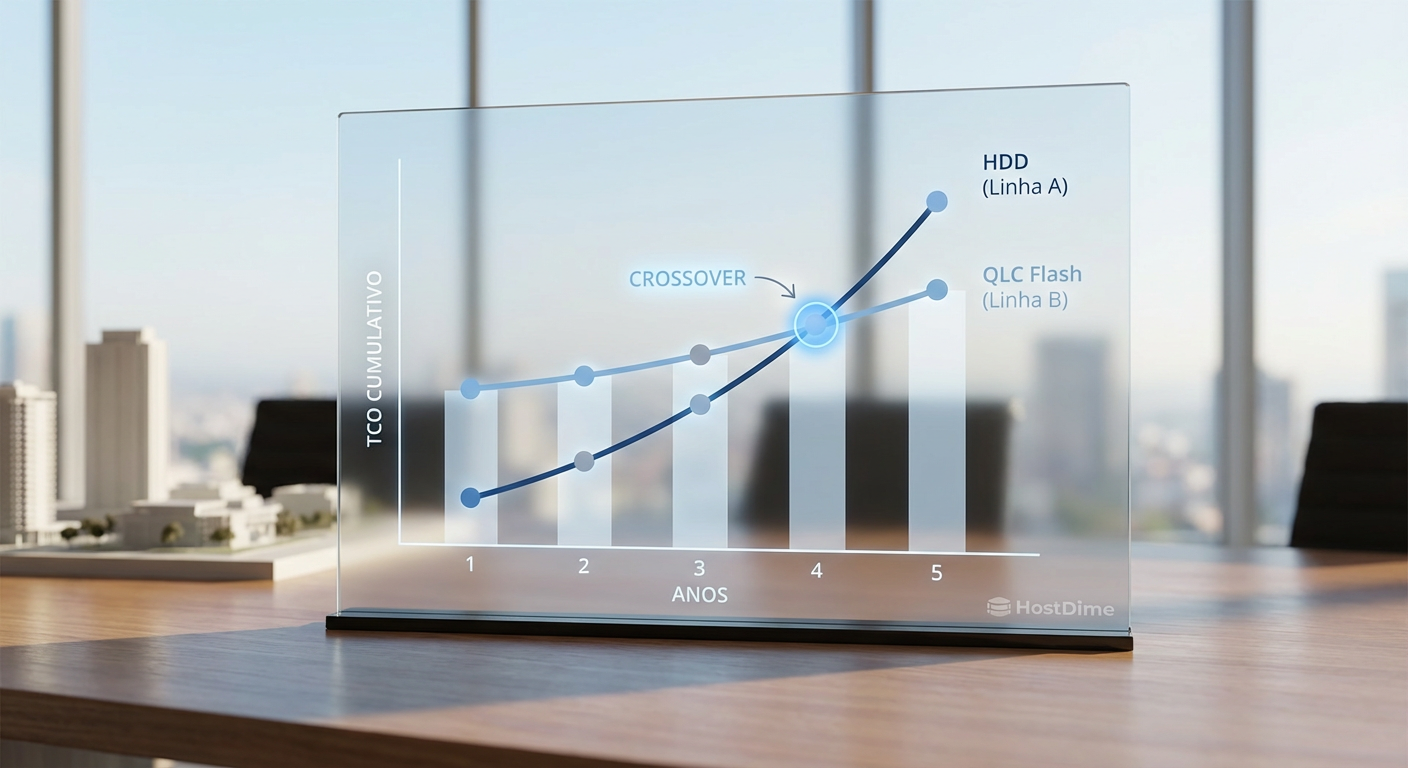 O ponto de inflexão: O custo inicial do Flash é diluído pela economia operacional ao longo do ciclo de vida do hardware.