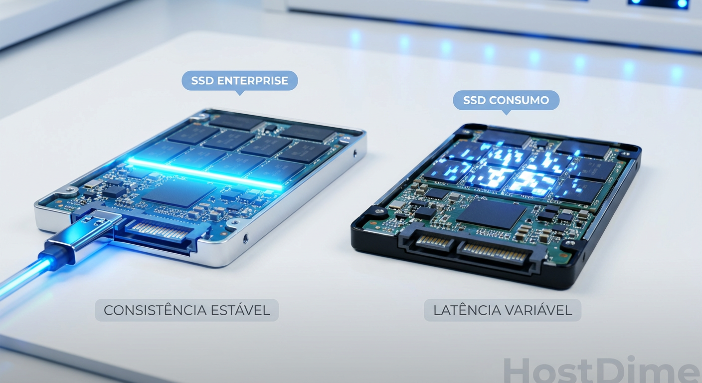 Comparativo de consistência de latência (QoS) entre um SSD Enterprise e um SSD de Consumo sob carga de steady state.