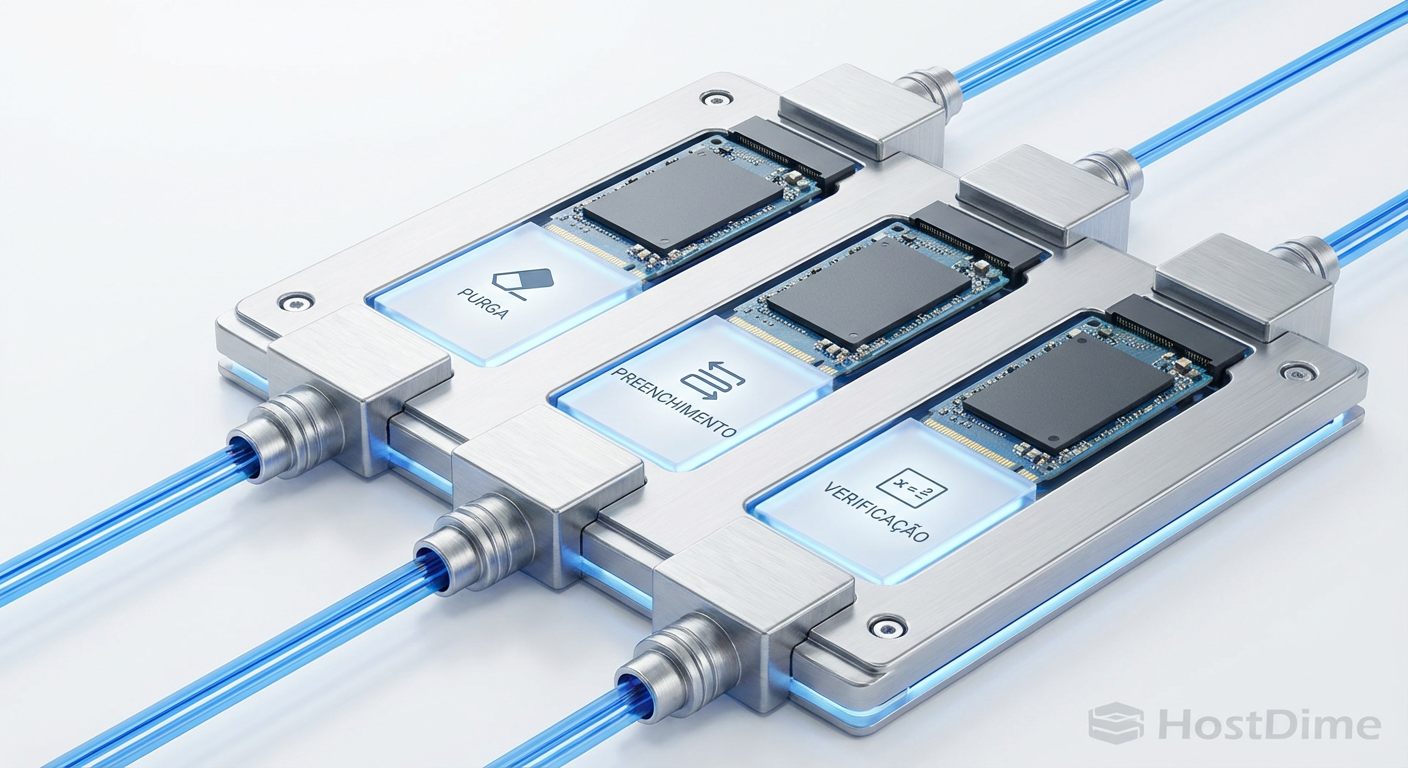 Fluxograma do protocolo de teste SNIA PTS, detalhando as etapas críticas de purga, preenchimento e verificação matemática de estabilidade.