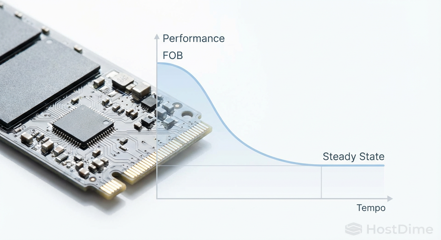 Gráfico demonstrando a curva típica de degradação de performance de um SSD, partindo do estado FOB até a estabilização no Steady State.