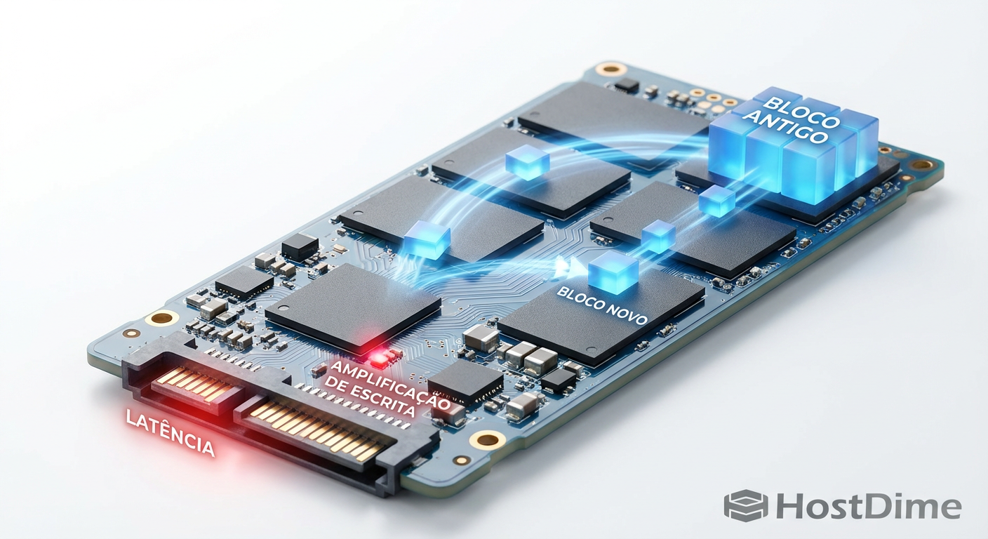 O ciclo de Garbage Collection: a movimentação forçada de dados válidos antes do apagamento do bloco, gerando latência e amplificação de escrita.