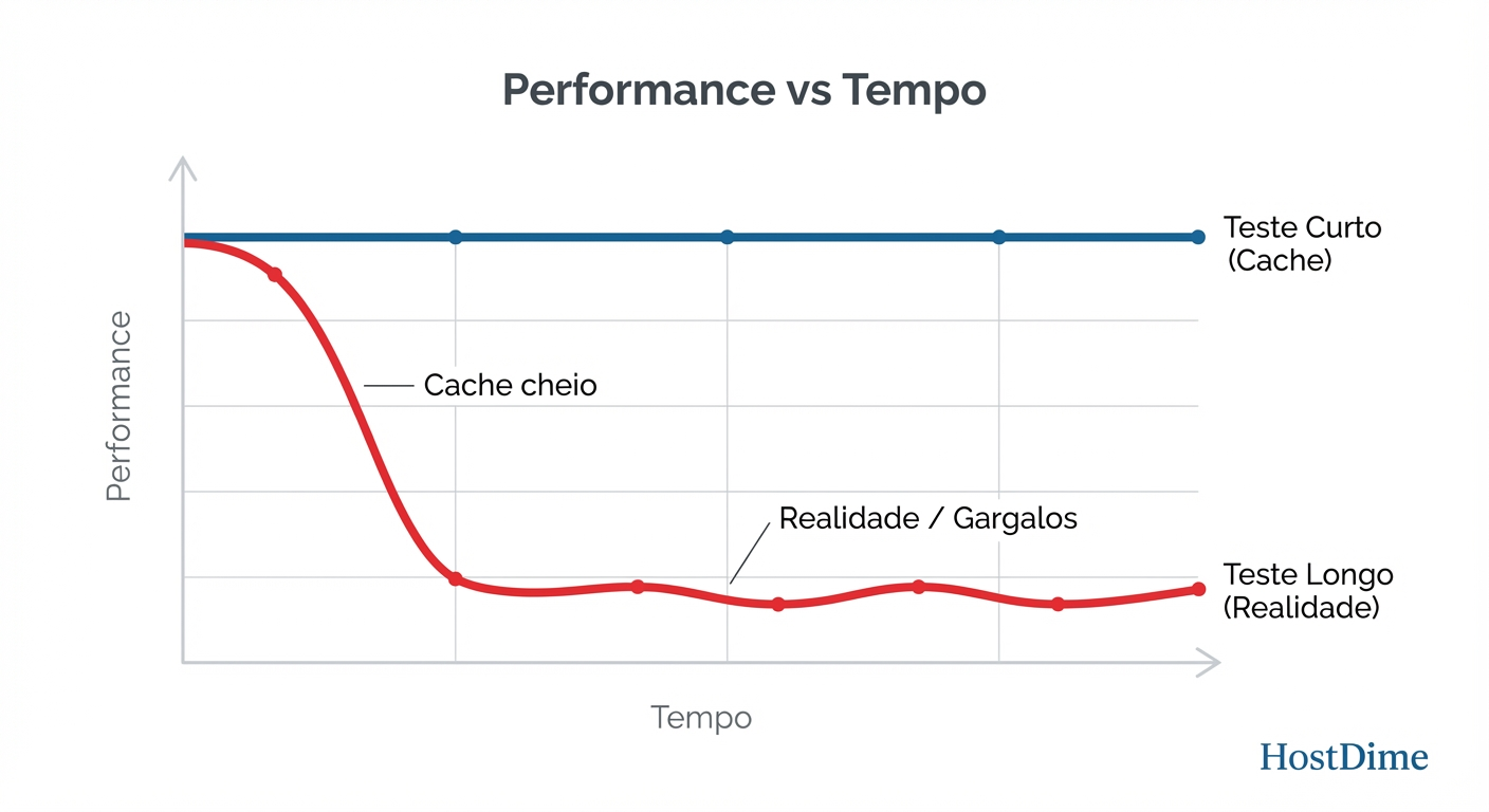 O Abismo do Cache: Se o seu teste não dura tempo suficiente para estourar a RAM (ARC + Page Cache), você está medindo a velocidade da sua memória, não do seu disco.