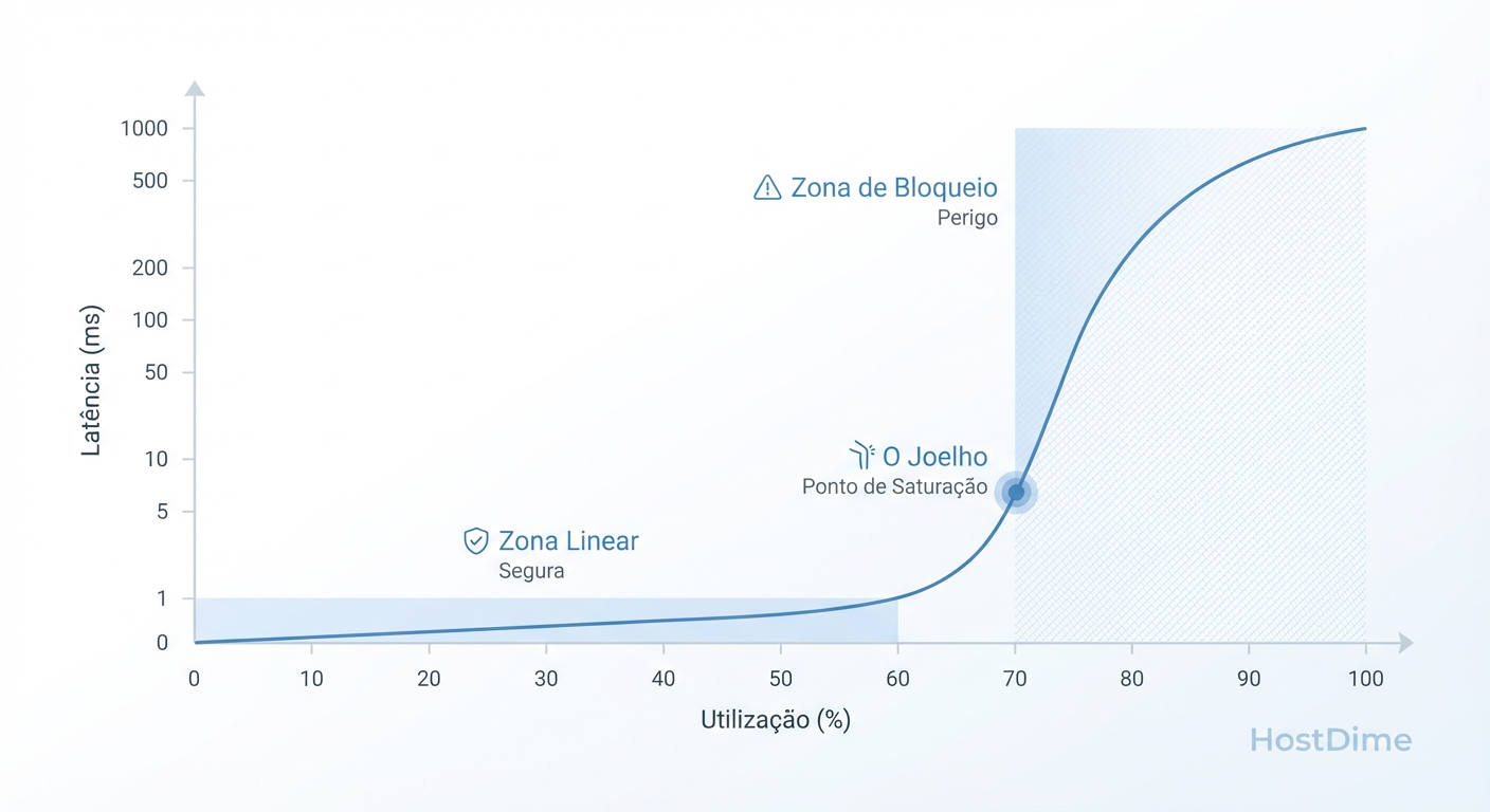 Fig 1. O 'Joelho' da Curva: Onde a Teoria das Filas dita o fim da performance aceitável.