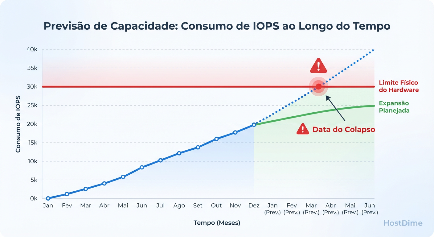 Fig 3. O Horizonte de Eventos: Projetando a data exata da saturação para justificar o budget.