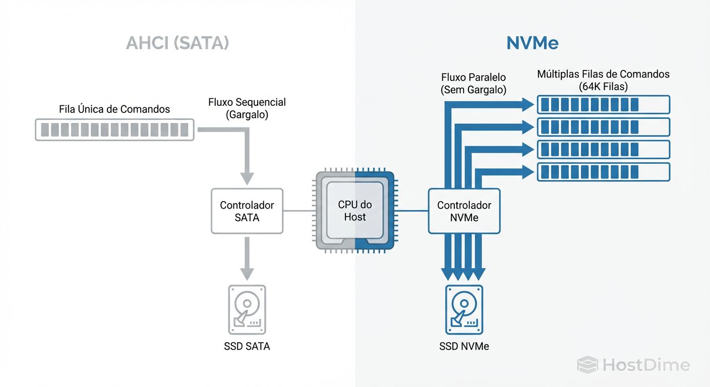 Arquitetura de Filas: O gargalo do AHCI vs o paralelismo massivo do NVMe