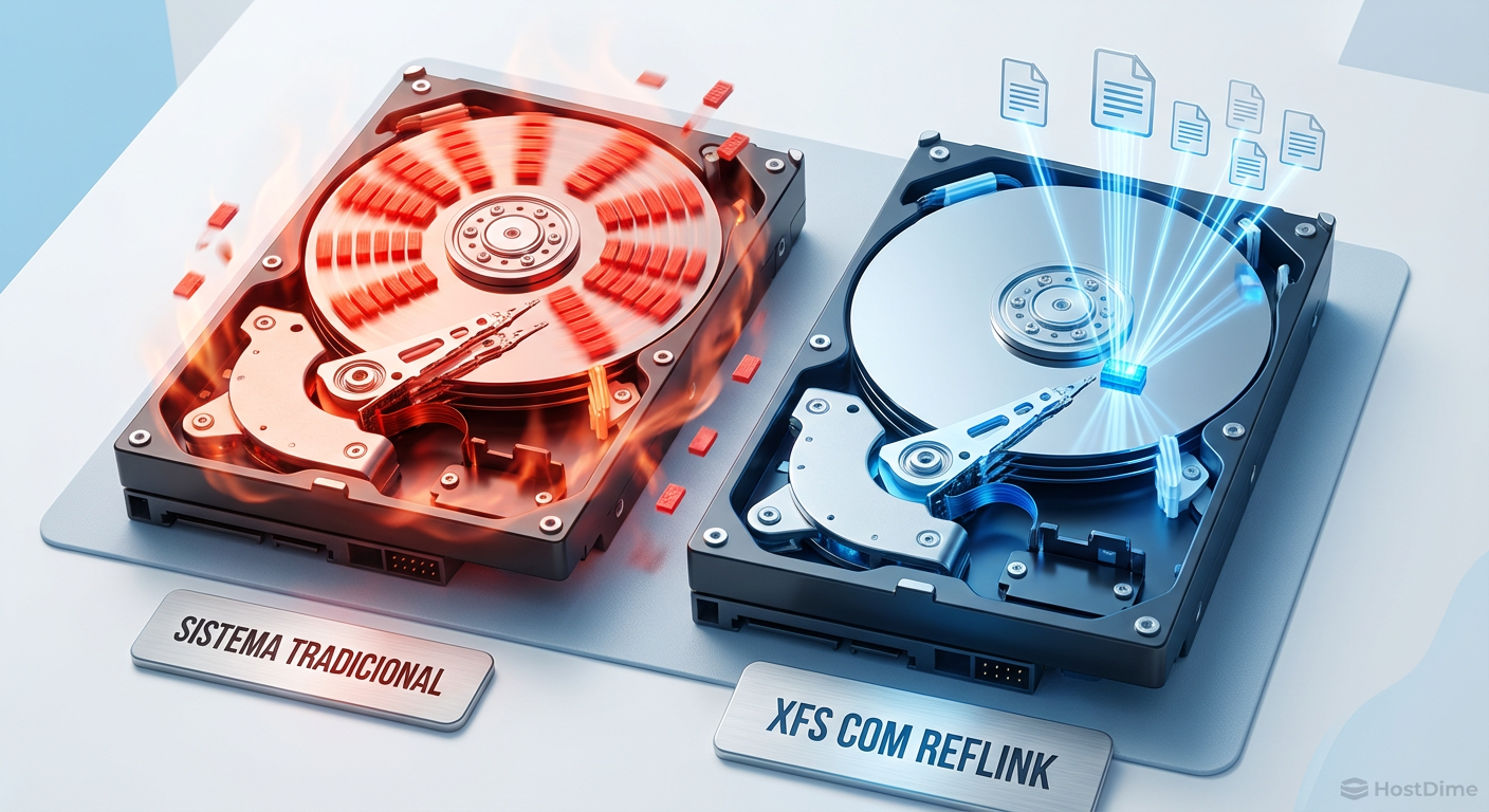 Comparação de eficiência: O XFS com Reflink manipula ponteiros, poupando o hardware de operações intensivas de I/O.