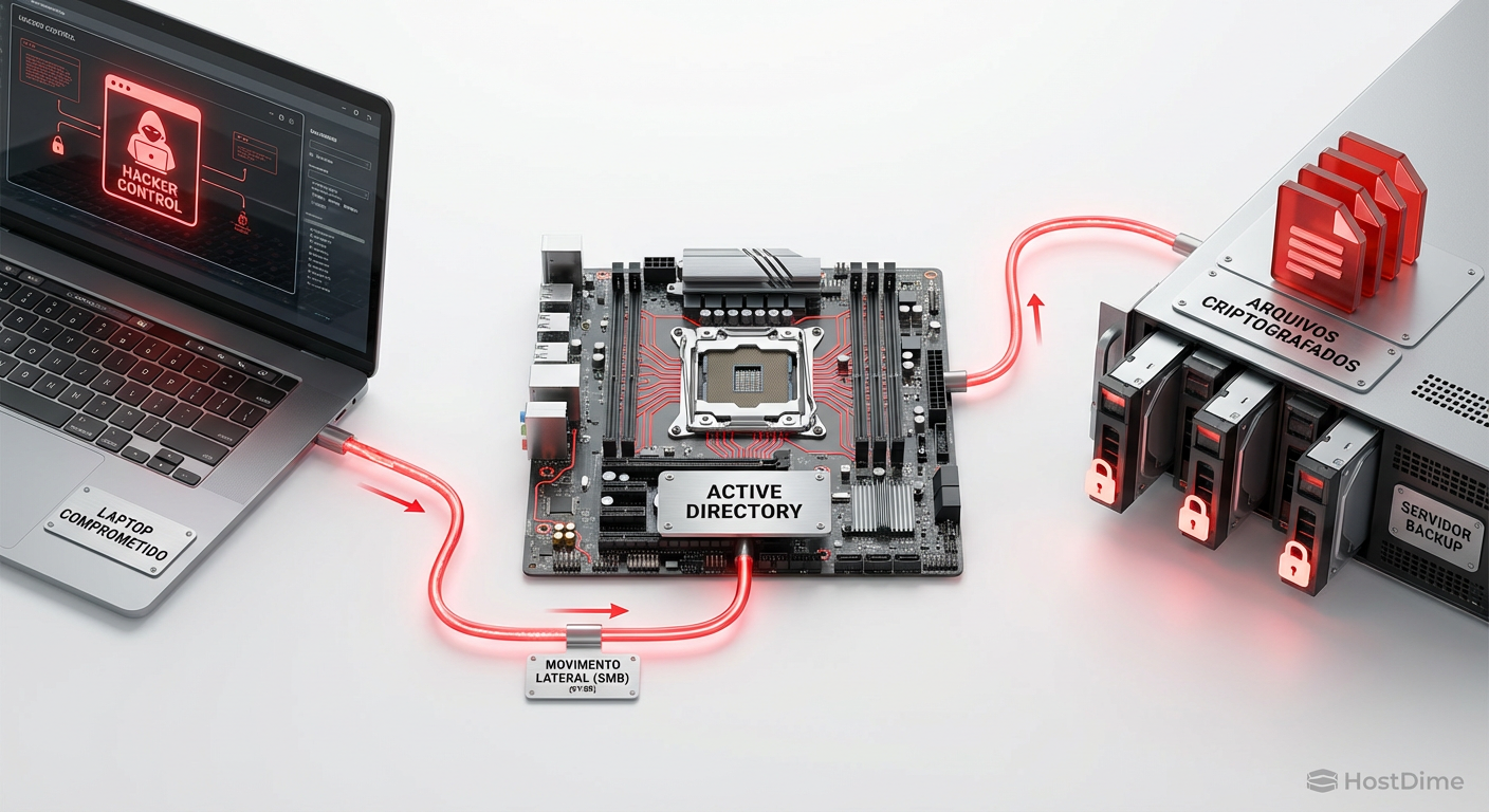 O caminho do desastre: como credenciais de domínio comprometidas permitem acesso direto aos repositórios Windows via SMB.