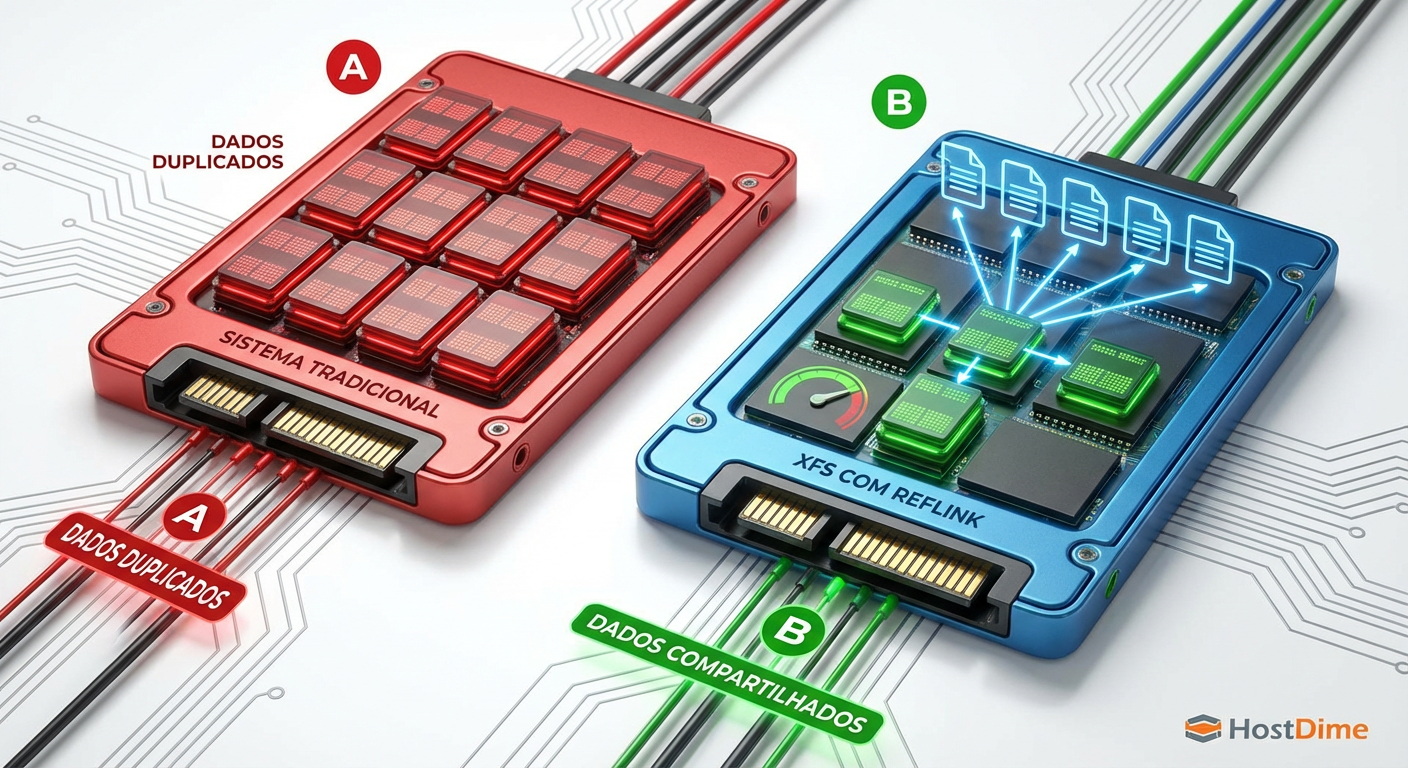 Comparativo de eficiência de armazenamento: Cópia tradicional vs. Fast Clone (Reflink) no XFS.