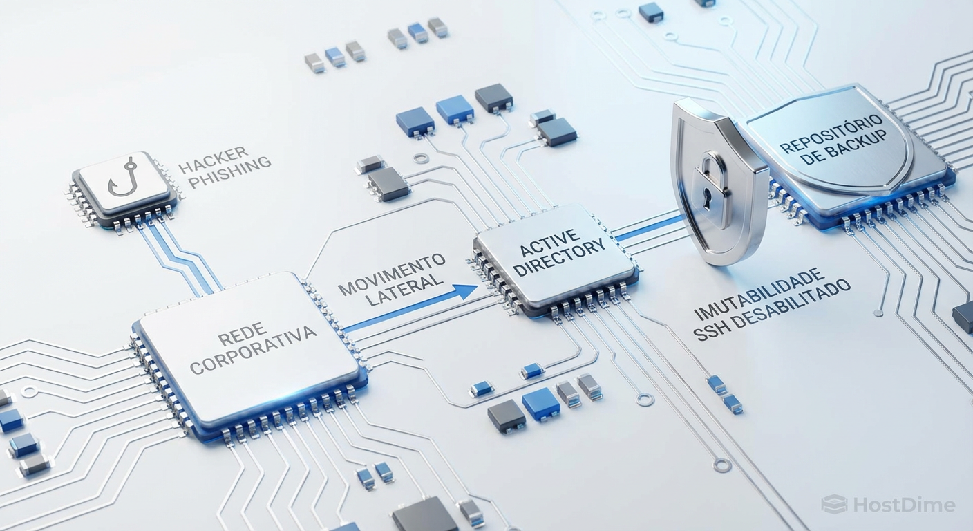 O fluxo de ataque moderno: o movimento lateral busca destruir os backups antes de criptografar a produção.