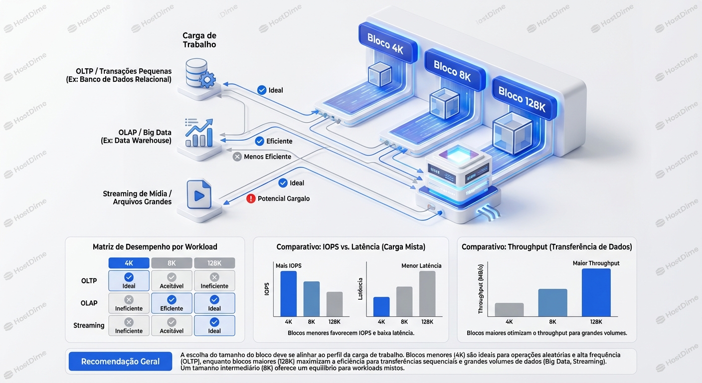 Impacto do tamanho do bloco (4K/8K/128K) em diferentes workloads