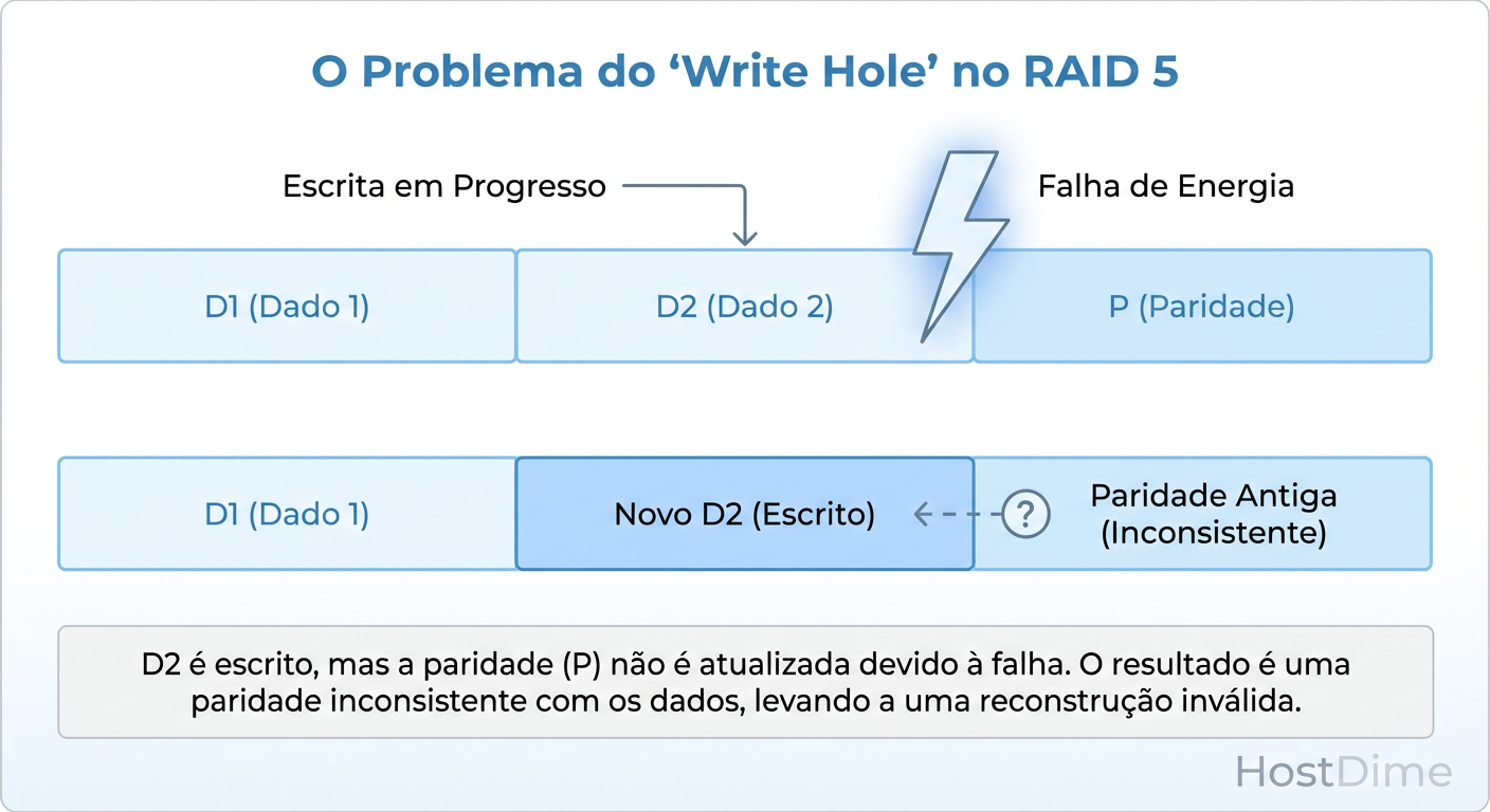 O Mecanismo do Write Hole: Sem um journal, uma queda de energia deixa a paridade matematicamente incorreta em relação aos dados.
