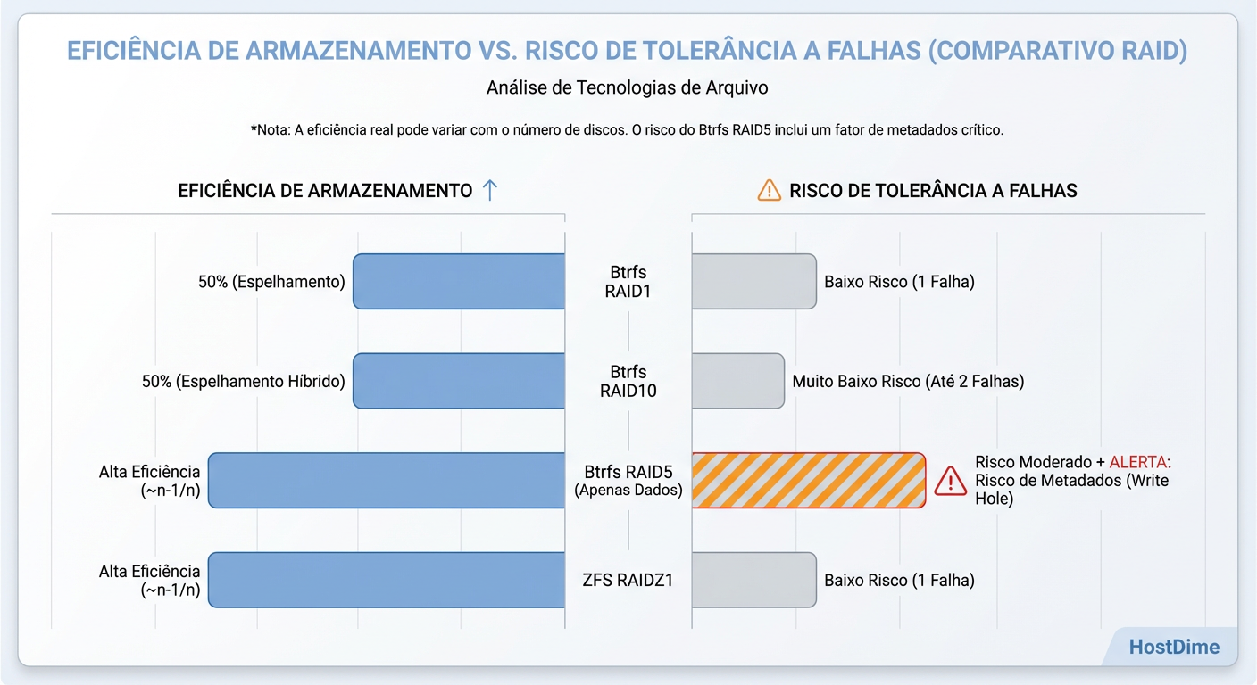Trade-off de Densidade vs. Risco: O ganho de espaço do RAID 5/6 vem com um custo operacional elevado no Btrfs.
