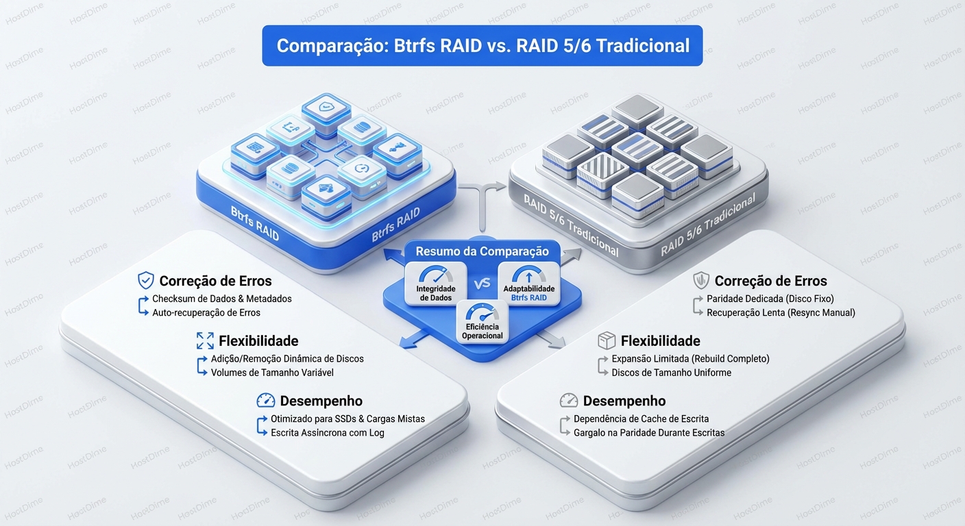Comparativo entre Btrfs RAID e RAID tradicional.