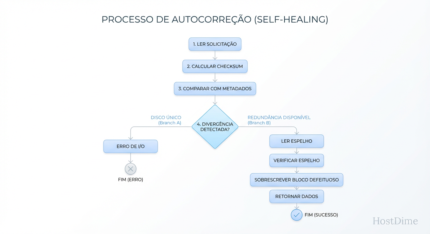 O ciclo de vida de uma leitura com falha: O processo de decisão interno que transforma uma corrupção de disco em uma correção transparente para o usuário.
