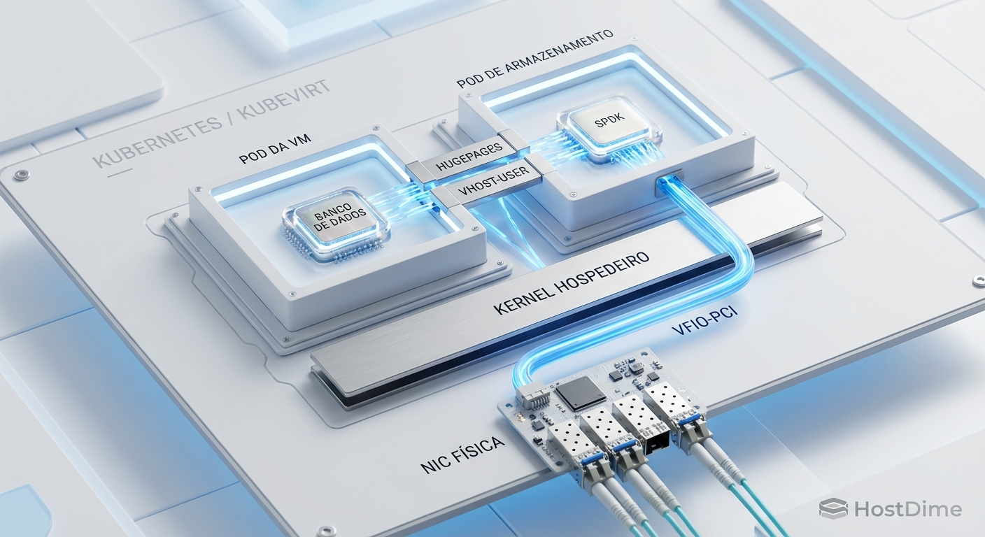 Arquitetura de um worker node KubeVirt utilizando vhost-user e memória compartilhada para comunicação direta com o contêiner SPDK.