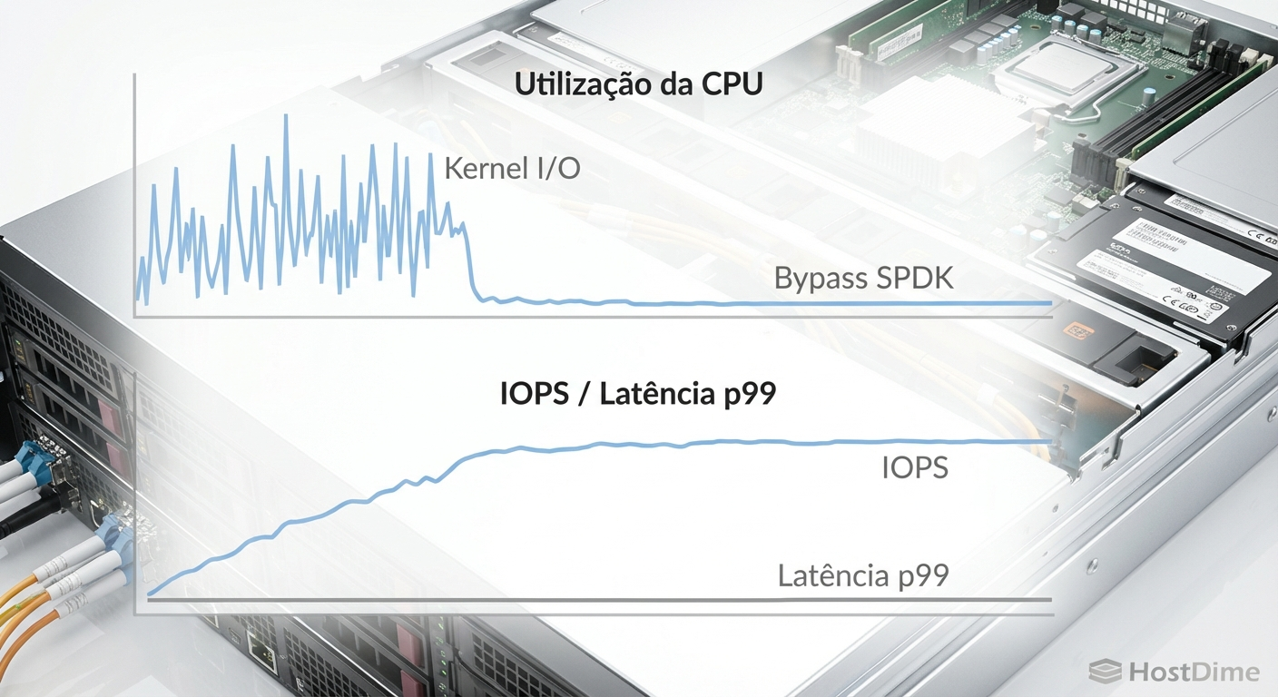 Dashboard ilustrando a queda no consumo global de CPU e a estabilização da latência de cauda após a ativação do SPDK.