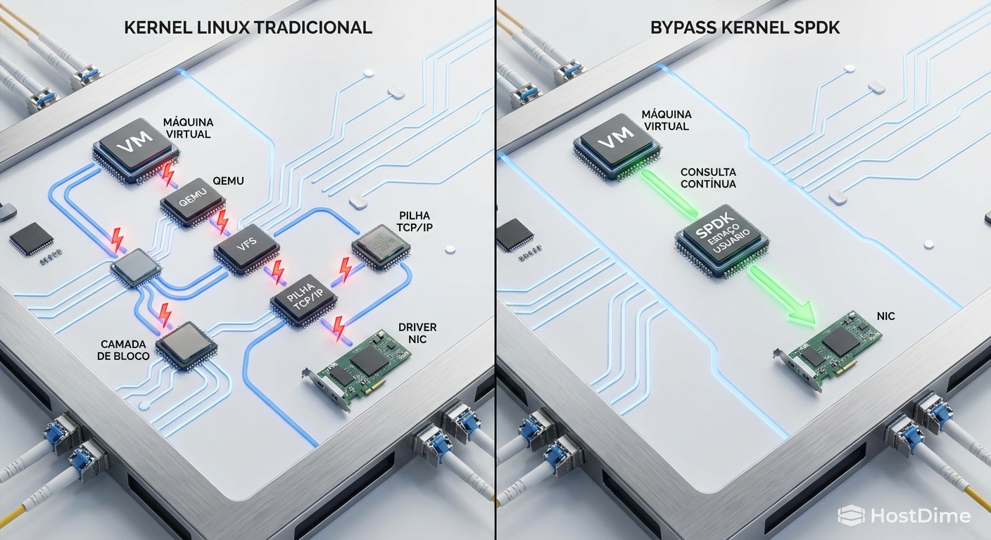 Diagrama arquitetural comparando a pilha de I/O tradicional do kernel Linux com o modelo de bypass do SPDK.