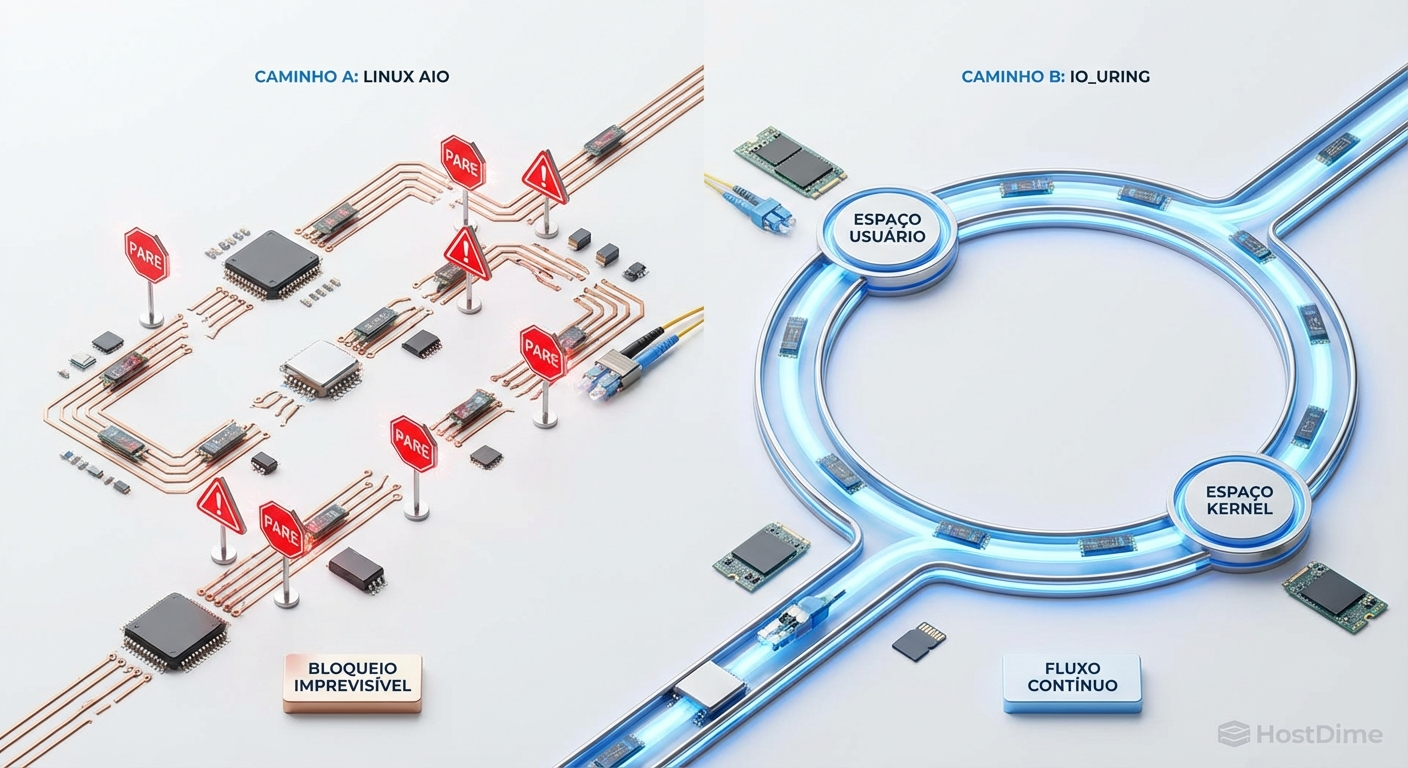 Comparativo de fluxo entre o bloqueio imprevisível do Linux AIO e a fluidez dos anéis do io_uring.