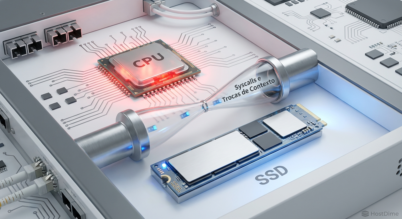 Representação visual do gargalo de CPU limitando o potencial de um SSD NVMe moderno.