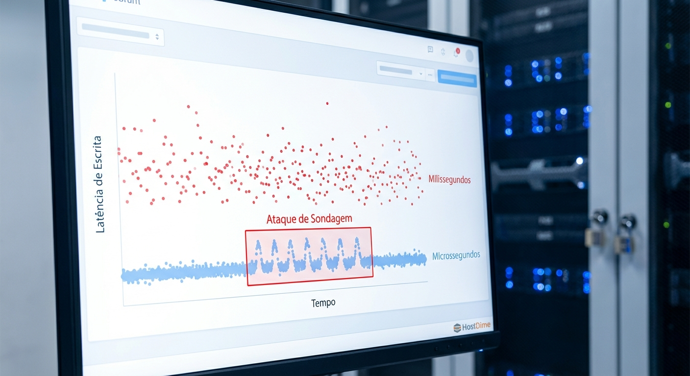Assinatura do ataque: Gráfico de dispersão revelando a distribuição bimodal de latência durante uma sondagem de deduplicação.