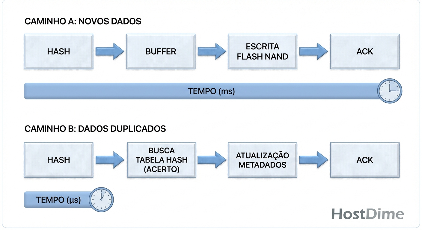 Comparativo de latência: O caminho longo da gravação física versus o caminho curto da atualização de metadados na deduplicação.