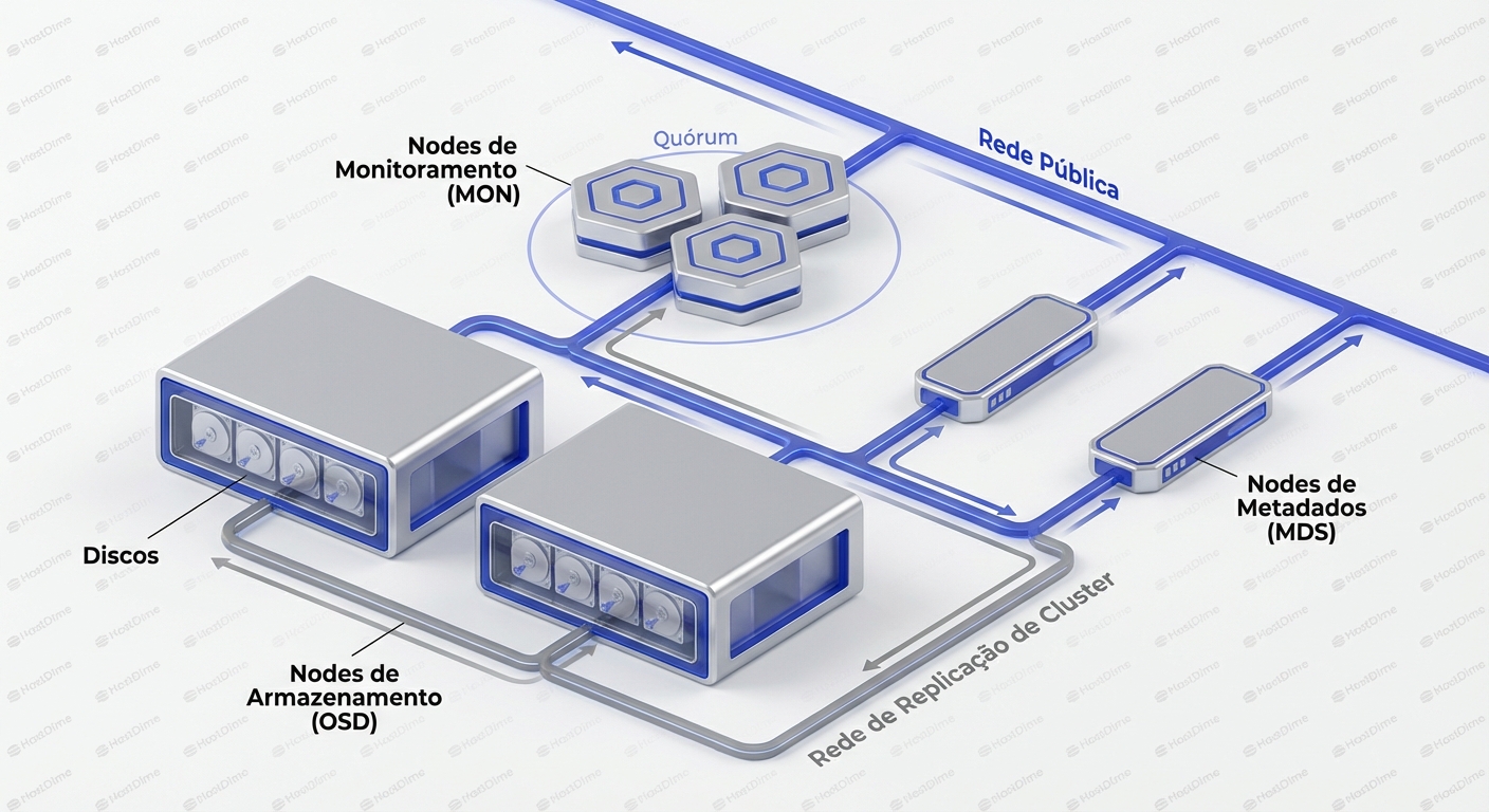 O fluxo CRUSH: Como o Ceph mapeia objetos para discos físicos de forma determinística, eliminando gargalos de metadados.
