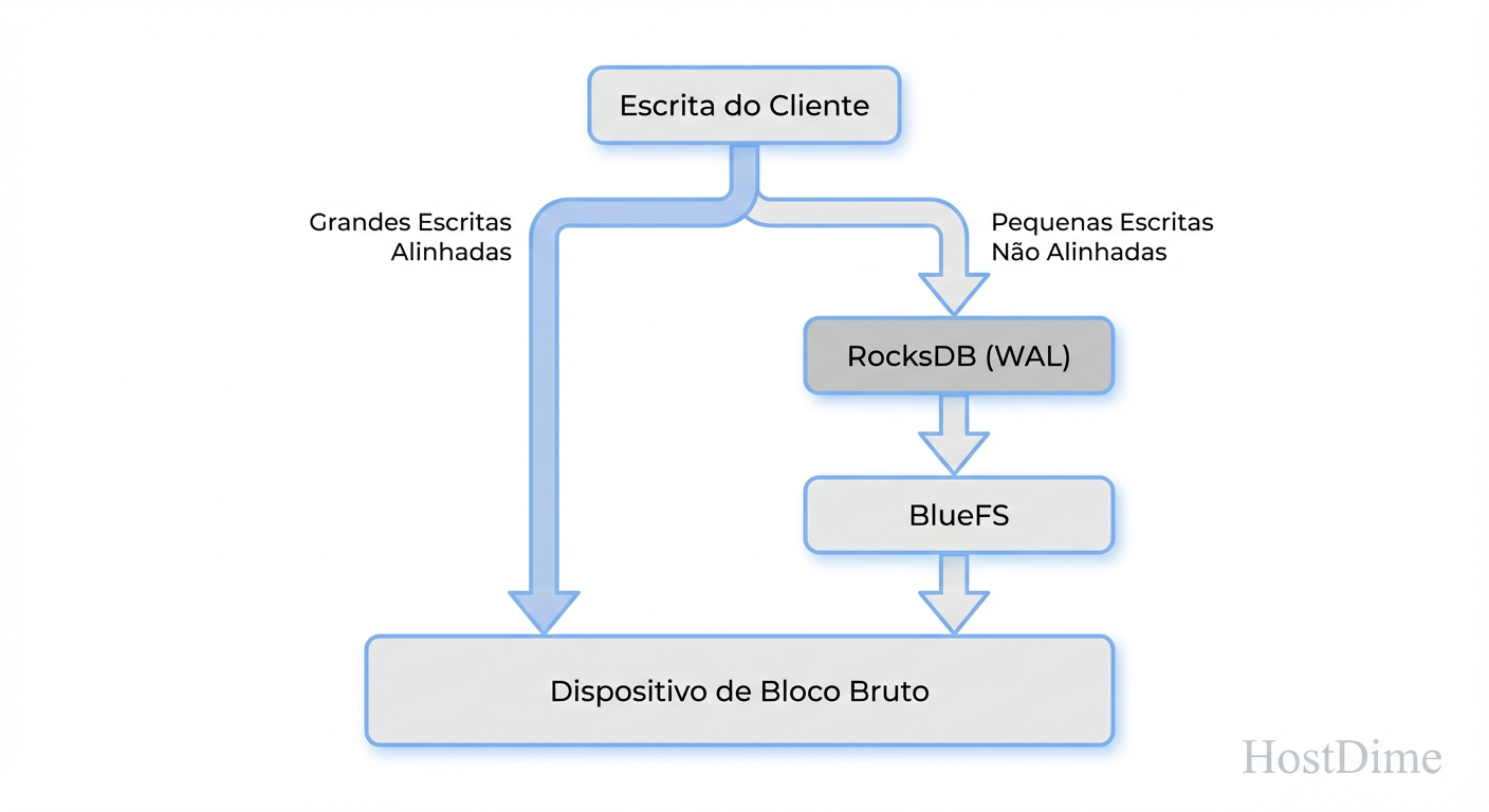 O Caminho da Escrita no BlueStore: Por que pequenas escritas randômicas dependem inteiramente da velocidade do seu dispositivo de DB/WAL.
