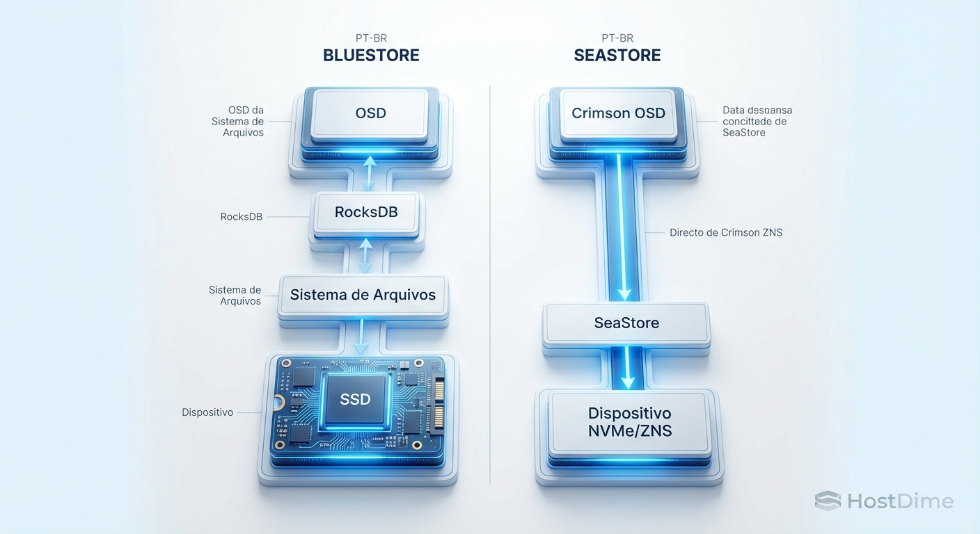 A pilha de I/O simplificada: SeaStore remove camadas intermediárias como o RocksDB, permitindo acesso direto e otimizado ao hardware NVMe.