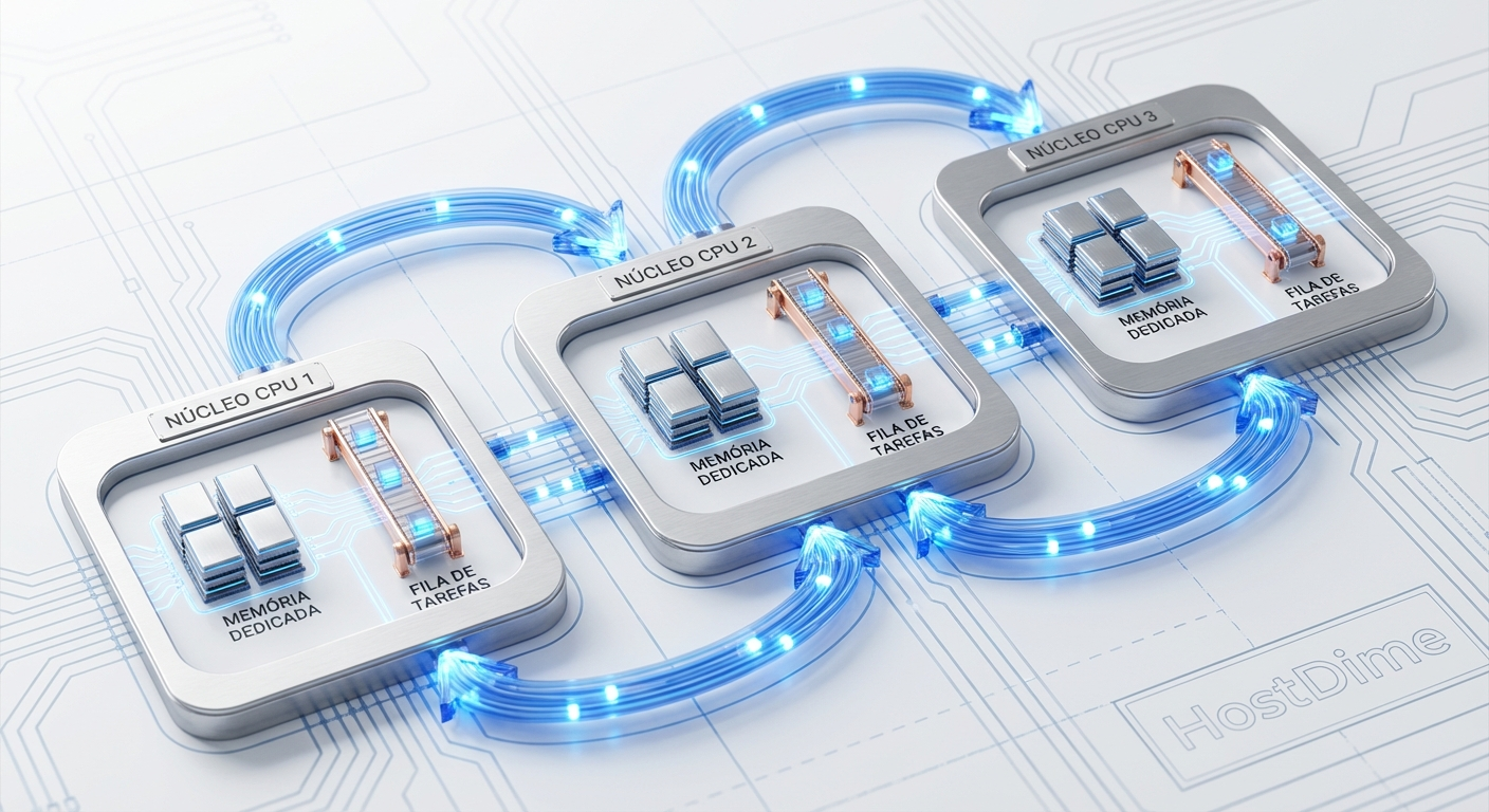 Arquitetura Seastar: Núcleos de CPU como ilhas isoladas com memória própria, comunicando-se apenas por mensagens, eliminando a necessidade de memória compartilhada.