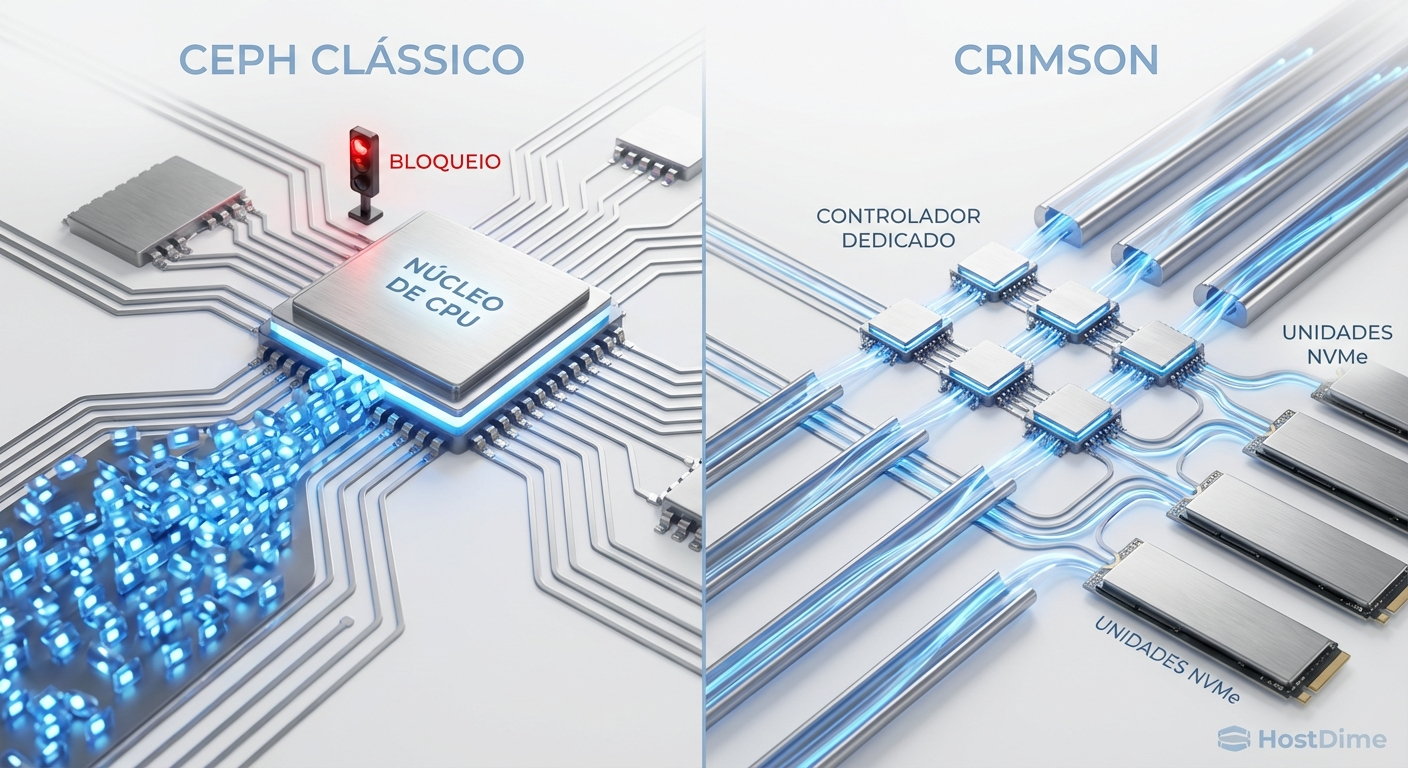 Comparação visual: O congestionamento causado por locks no modelo clássico versus as vias expressas paralelas da arquitetura Crimson.