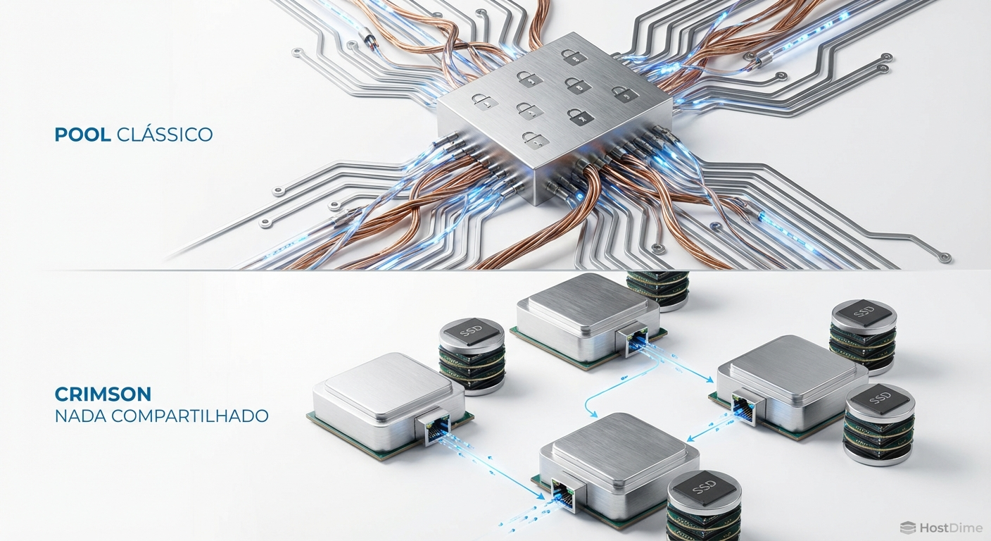 Contraste arquitetural: O caos dos Thread Pools compartilhados versus a organização isolada do modelo Shared-Nothing do Seastar.