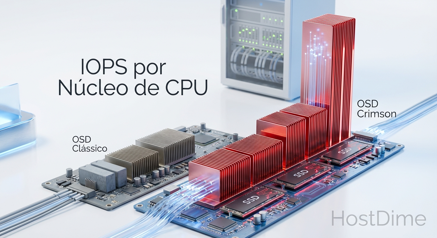 Gráfico ilustrativo projetando a eficiência de IOPS por núcleo de CPU entre as arquiteturas clássica e Crimson.