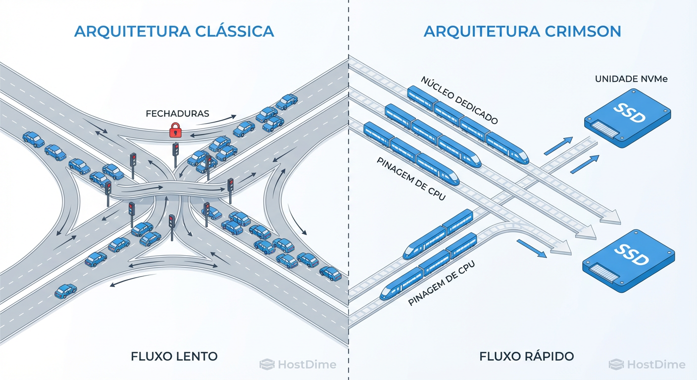 Comparação visual entre o caos do chaveamento de contexto tradicional e a eficiência do paralelismo dedicado do Crimson.