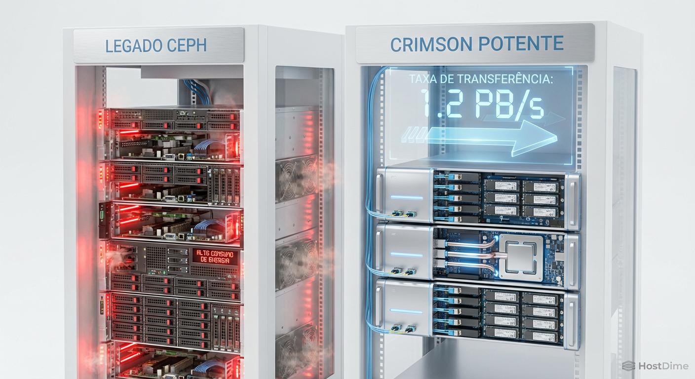 Visualização de TCO: Um rack denso e quente rodando Ceph legado versus um rack enxuto e eficiente rodando Crimson entregando a mesma performance.