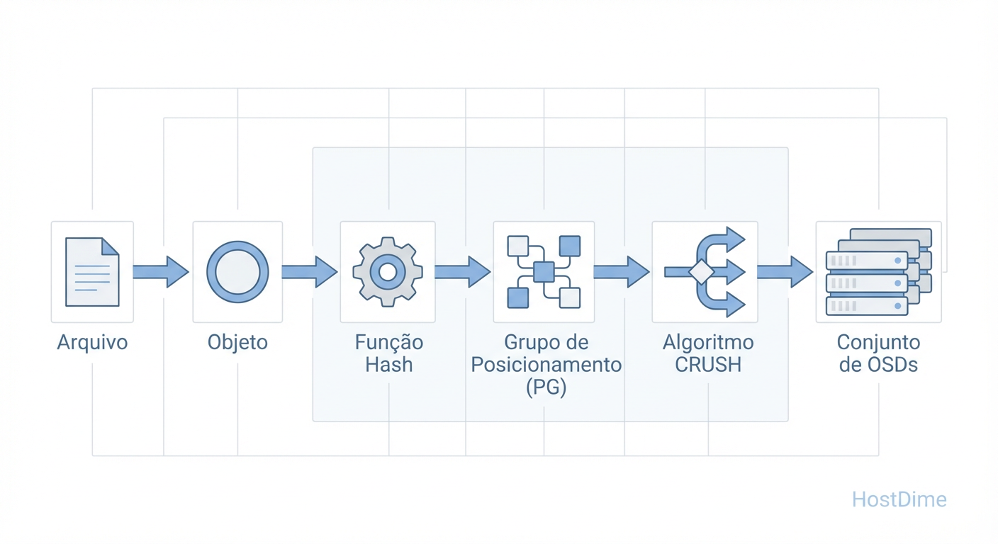 O Fluxo Lógico do Ceph: O Placement Group atua como a camada de indireção necessária para evitar que tabelas de alocação explodam em tamanho.