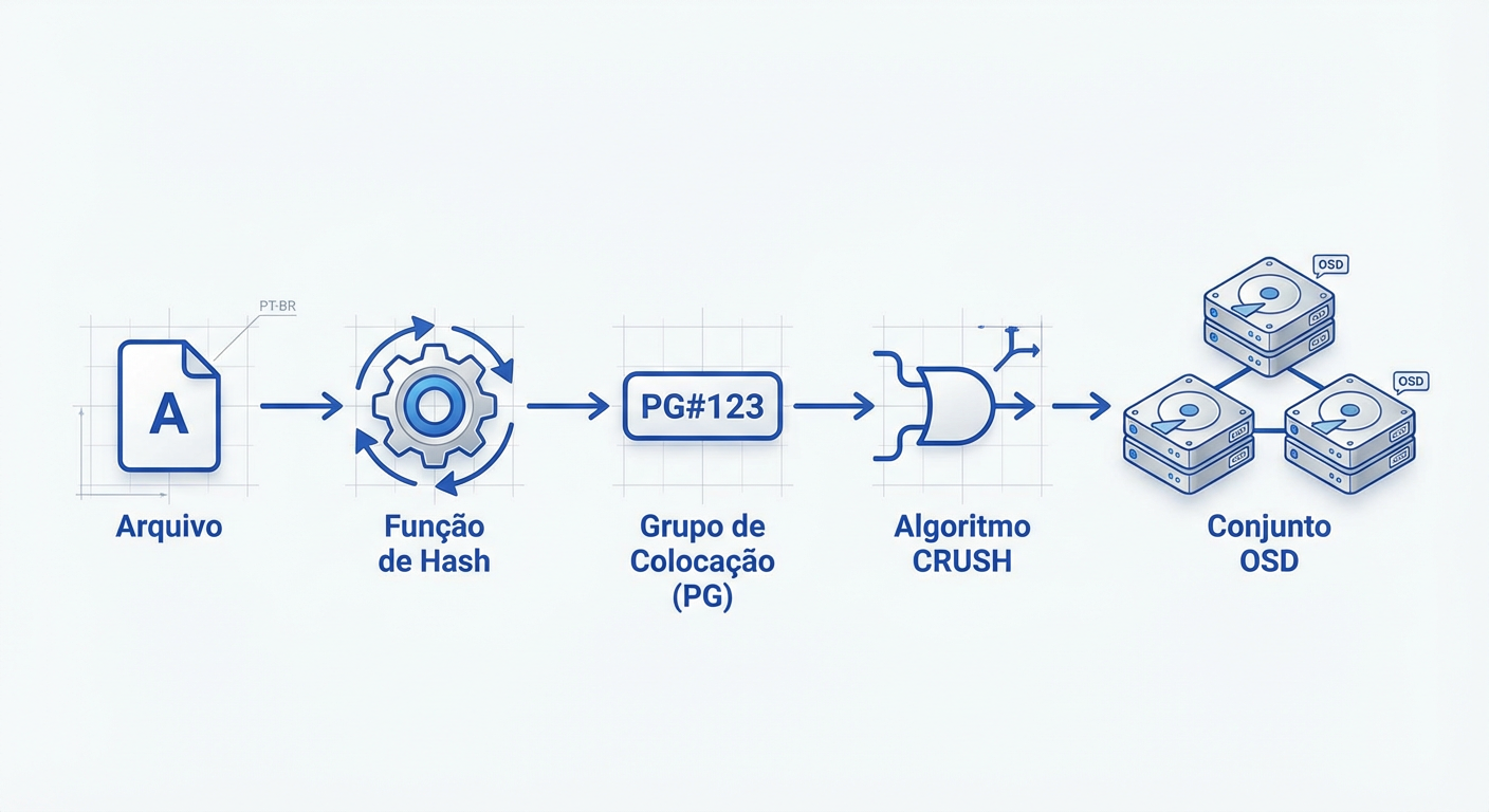 Figura 1: O pipeline determinístico do Ceph. O cliente calcula a localização, não a consulta.