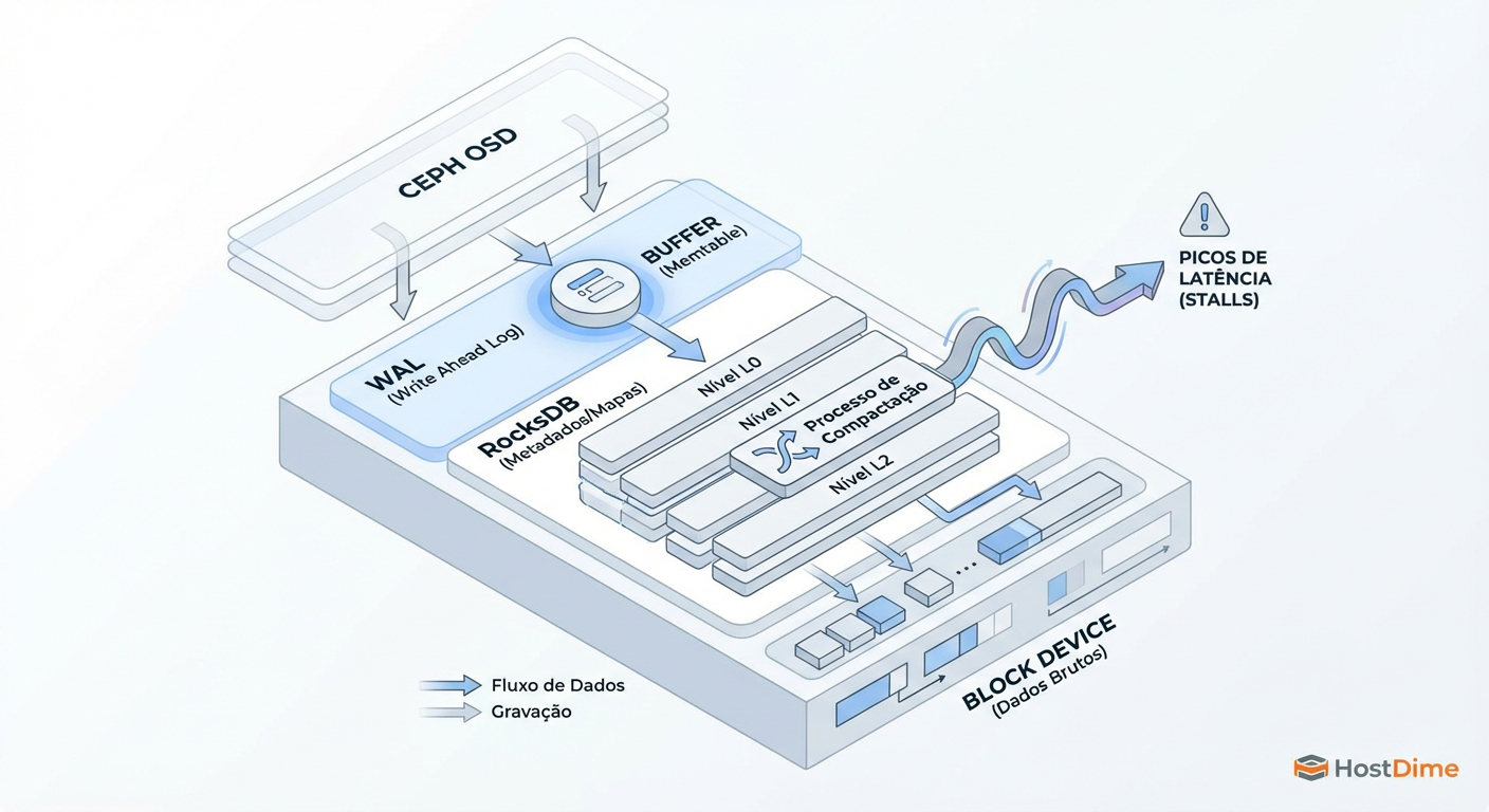 Arquitetura BlueStore: Onde o RocksDB e o WAL impactam diretamente o desempenho de IOPS transacionais.