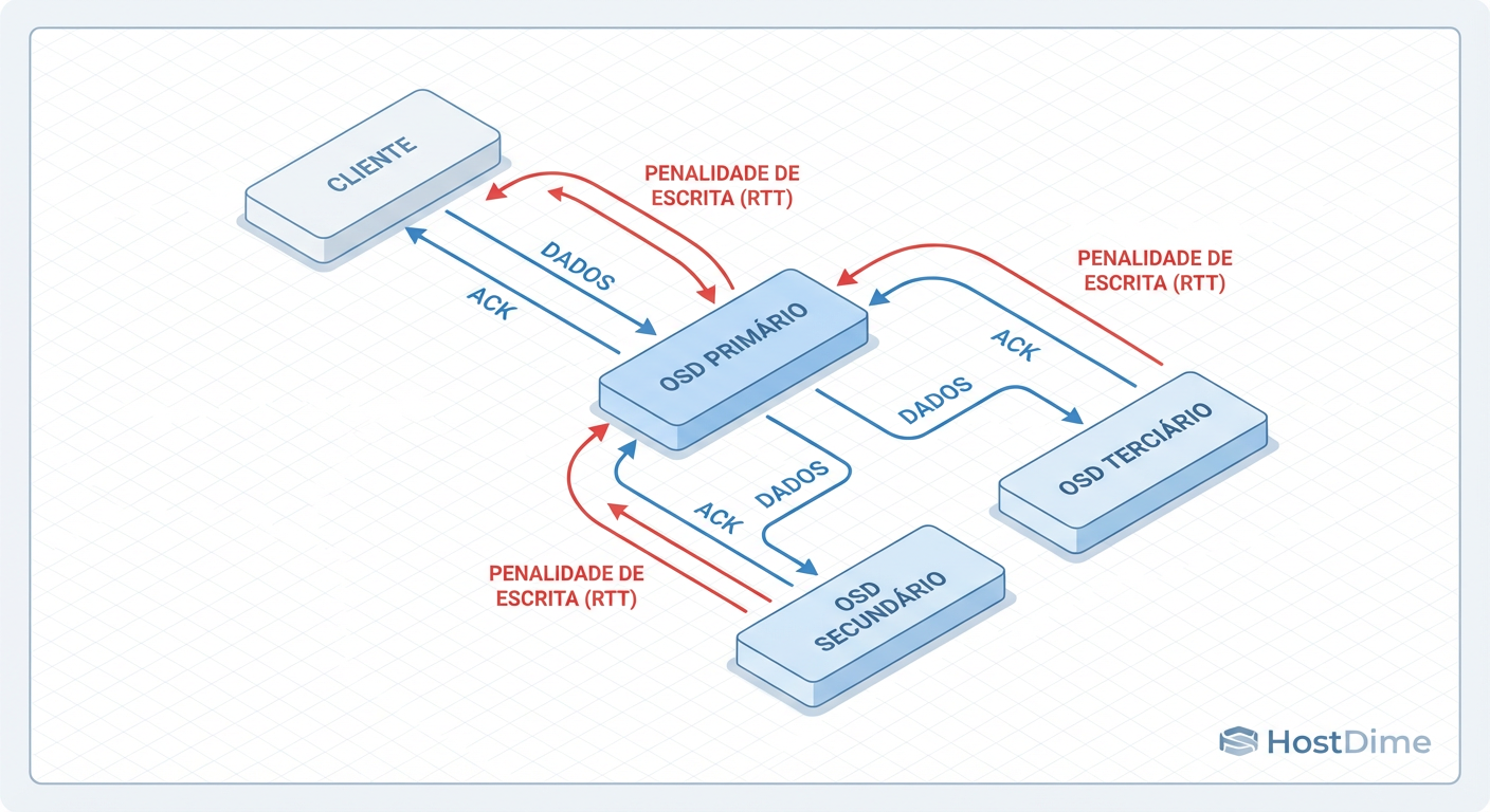 O Ciclo de Gravação do Ceph: Sua latência é definida pelo OSD mais lento e pela viagem de rede mais longa.