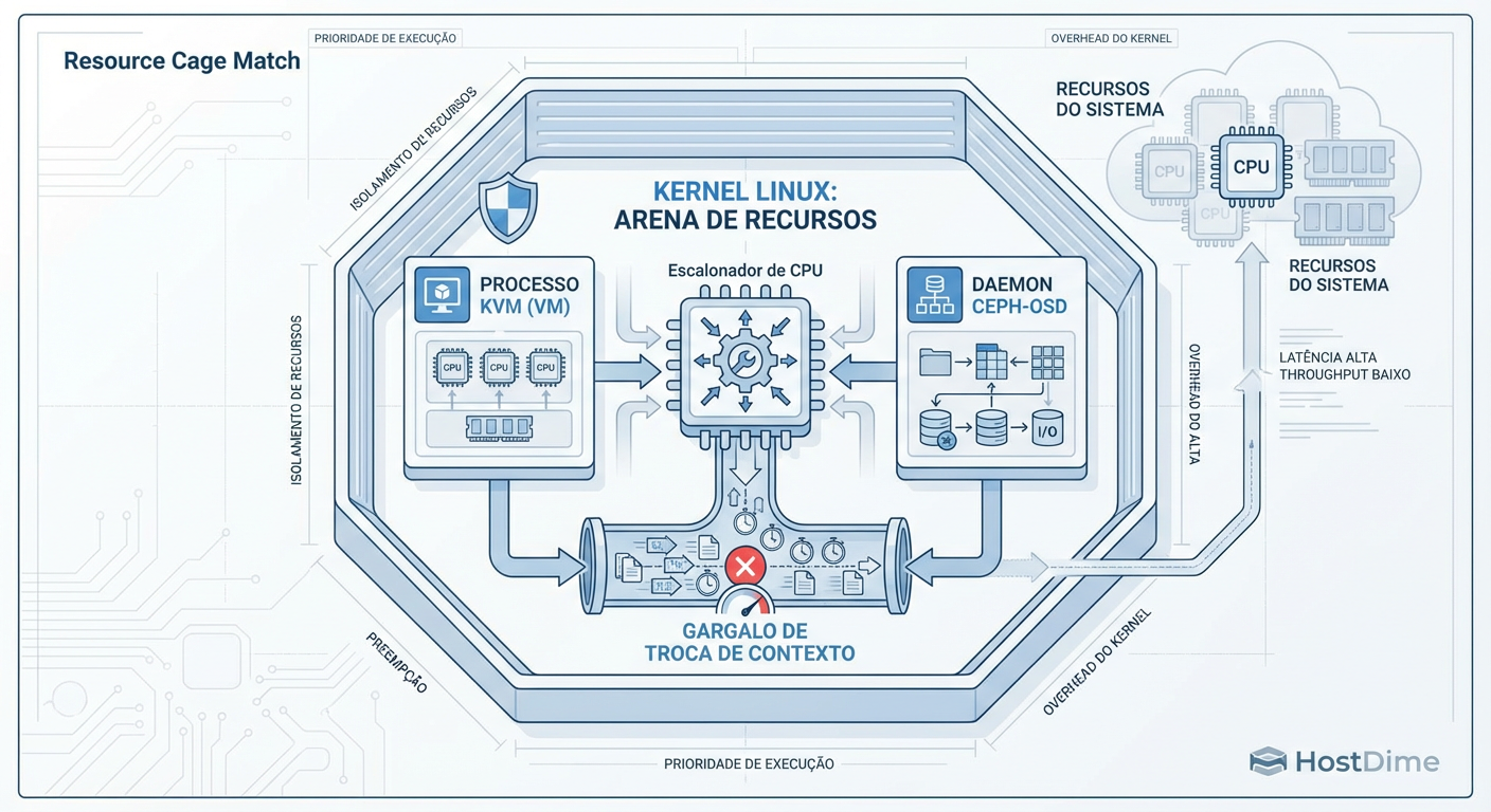 Diagrama de Contenção: No modelo HCI, seus dados (OSD) e suas aplicações (VM) lutam pelos mesmos ciclos de CPU e barramentos de memória.